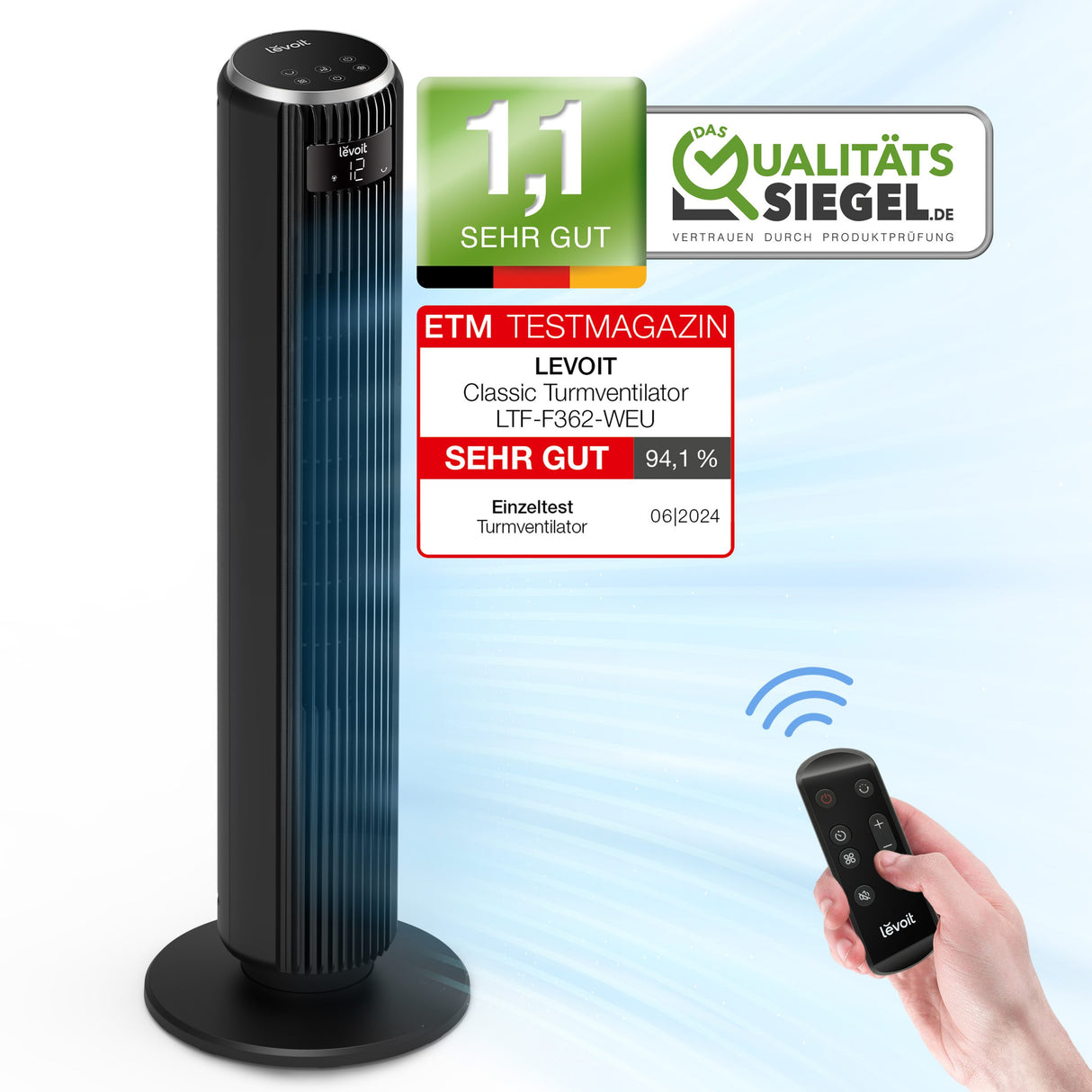 Ventilator turn Levoit, 92cm, 5 viteze, 4 moduri de funcționare, foarte silențios, telecomandă, negru