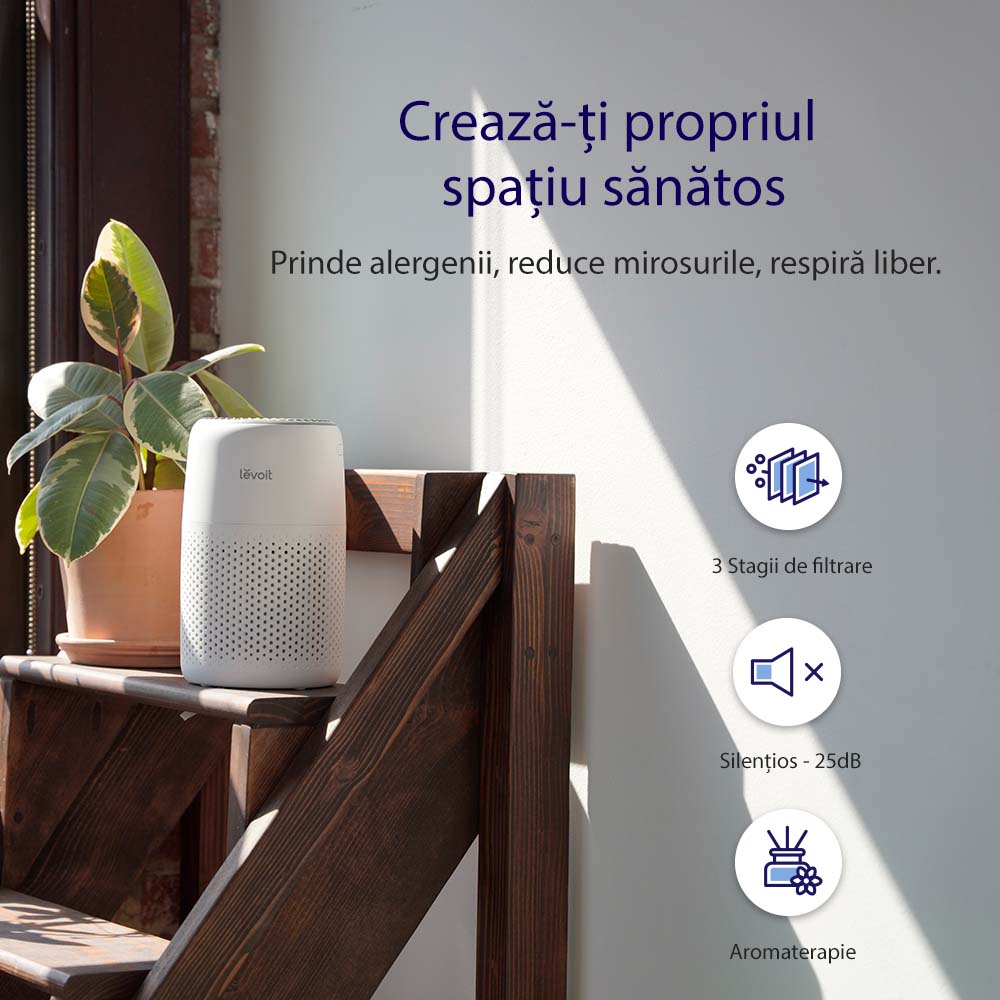 Purificator de aer Levoit Core Mini, Filtru 3 in 1 True HEPA, Panou Comanda Touch Screen, Alb