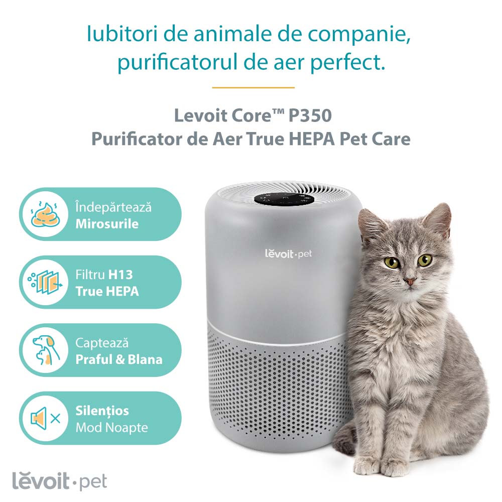 Purificator de Aer Levoit Core P350-RAC Pet Care, Filtru True HEPA, Carbon Activ, Super Silent, Filtrare 99.97%, 100% Ozon Free, Touch Screen, Gri