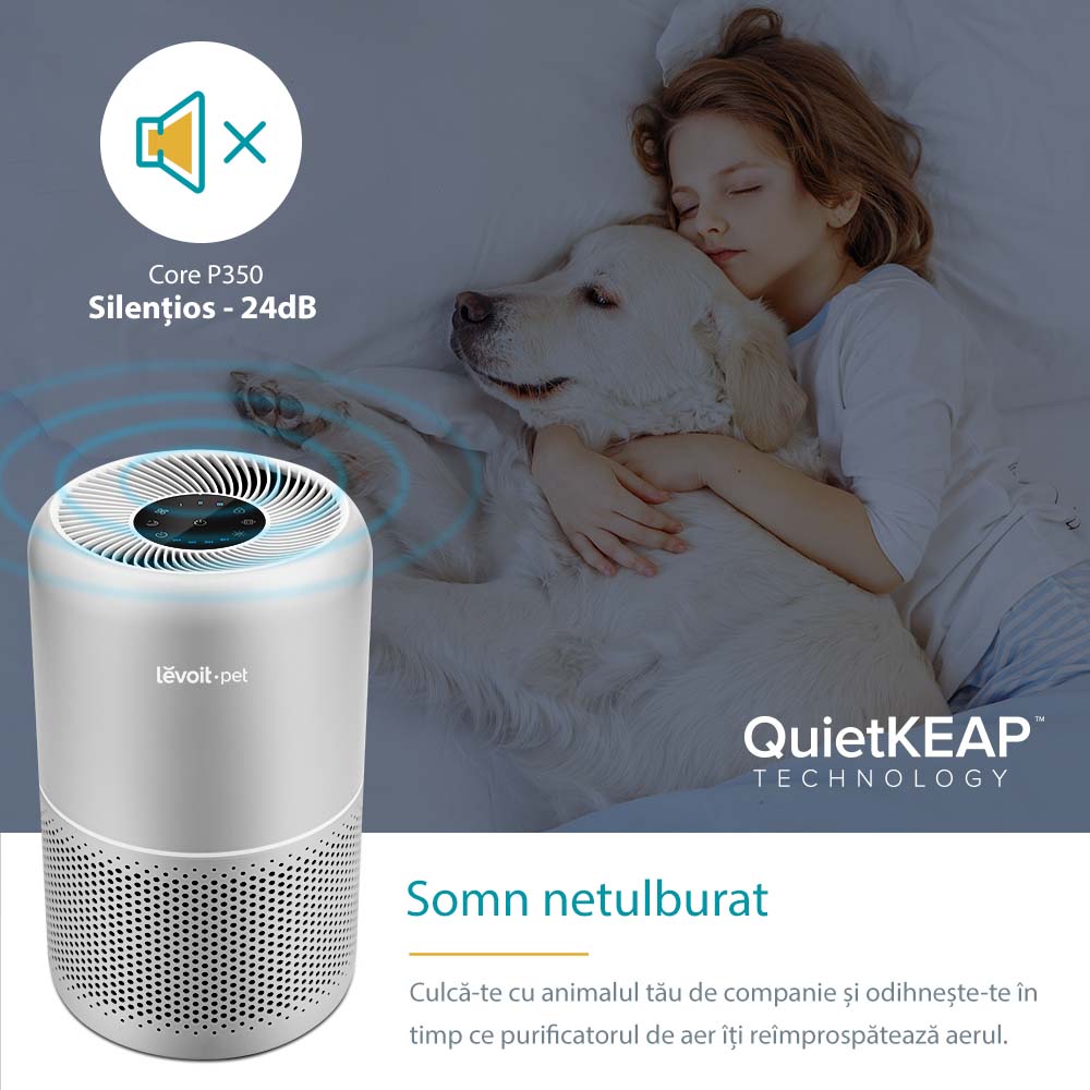 Purificator de Aer Levoit Core P350-RAC Pet Care, Filtru True HEPA, Carbon Activ, Super Silent, Filtrare 99.97%, 100% Ozon Free, Touch Screen, Gri