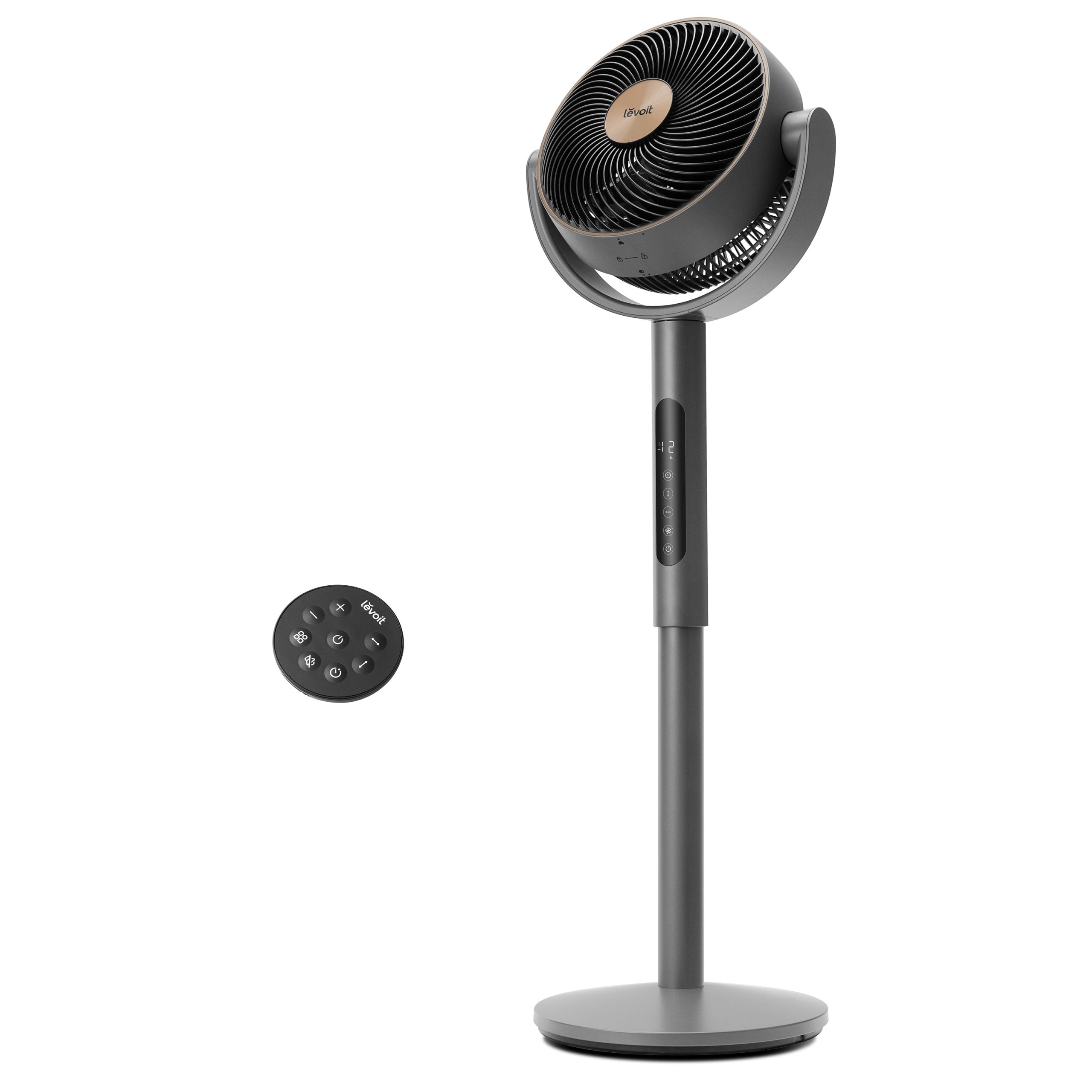 Ventilator cu picior Levoit, LPF-R432-AEUR, 110.8 cm, 28W, Senzor de Temperatură, 4 Moduri, Oscilație 120 grade, 12 viteze, Siilențios, Negru cu Auriu