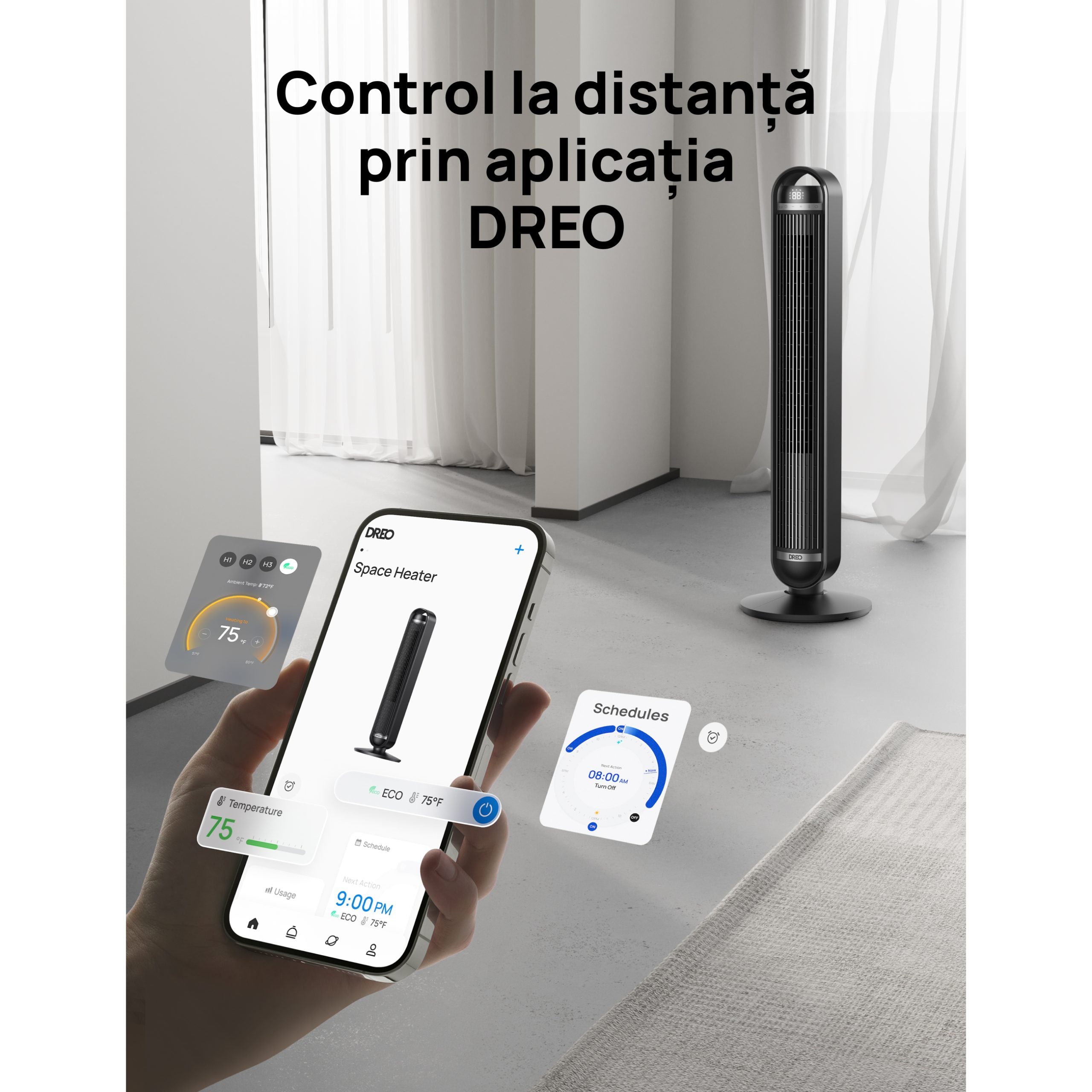 Ventilator Turn Smart DREO Cruiser DR-HTF011S, 9 viteze, 4 functii,106cm, HyperSilent 25dB ,oscilatie 90°, negru