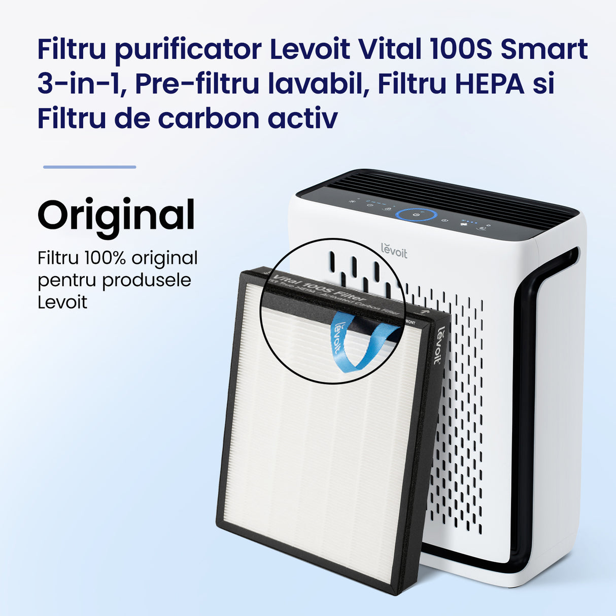 Filtru purificator Levoit Vital 100S Smart LRF-V102-WEU, 3-in-1, Pre-filtru lavabil, Filtru HEPA si Filtru de carbon activ cu eficienta ridicata