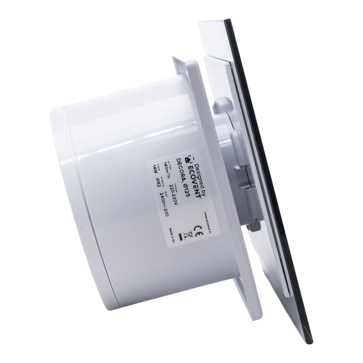 Ventilator de baie Ecovent DECORA SMART, Ø125, Super Silent, Senzor Umiditate, Timer, Panou sticlă, Clapetă antiretur, Debit 140 m3/h, Garanție 5 ani, Negru Mat