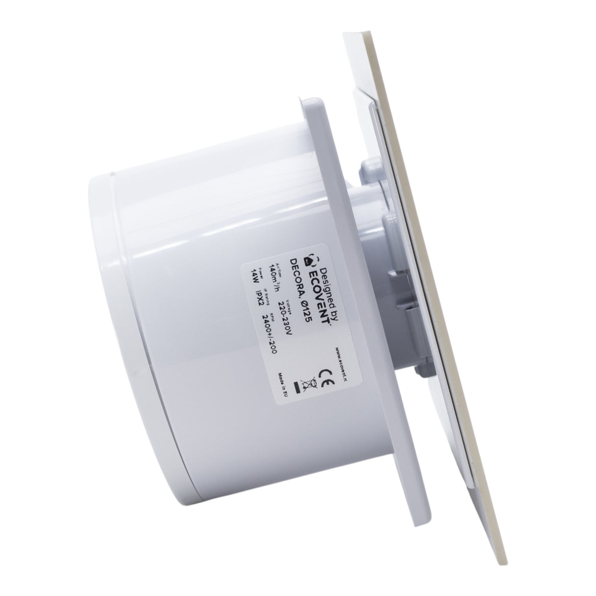 Ventilator de baie Ecovent DECORA, Ø125, Super Silent, Panou Plexiglas schimbabil, Clapetă antiretur, Debit 140 m3/h, Garanție 5 ani, Bej