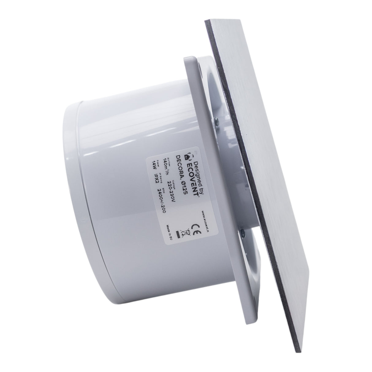 Ventilator de baie Ecovent DECORA, Ø125, Super Silent, Panou Plexiglas schimbabil, Clapetă antiretur, Debit 140 m3/h, Garanție 5 ani, Argintiu Satinat