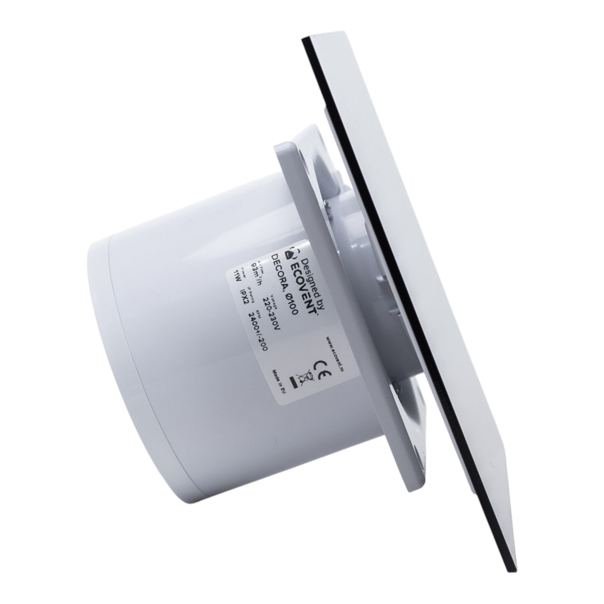 Ventilator de baie Ecovent DECORA, Ø100, Super Silent, Panou Plexiglas schimbabil, Clapeta antiretur, Debit 93 m3/h, Garanție 5 ani, Negru