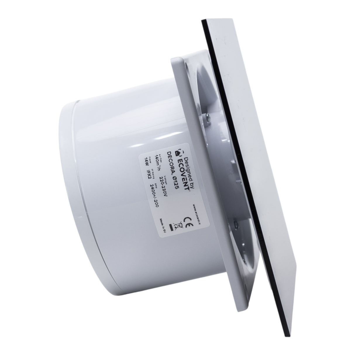 Ventilator de baie Ecovent DECORA, Ø125, Super Silent, Panou Plexiglas schimbabil, Clapetă antiretur, Debit 140 m3/h, Garanție 5 ani, Negru Mat