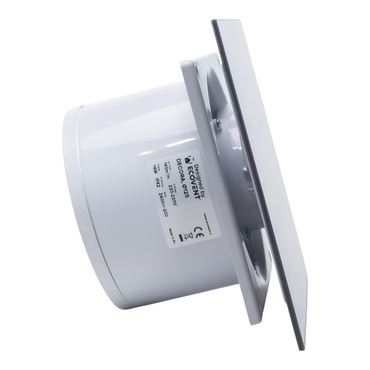 Ventilator de baie Ecovent DECORA, Ø125, Super Silent, Panou Plexiglas schimbabil, Clapetă antiretur, Debit 140 m3/h, Garanție 5 ani, Gri