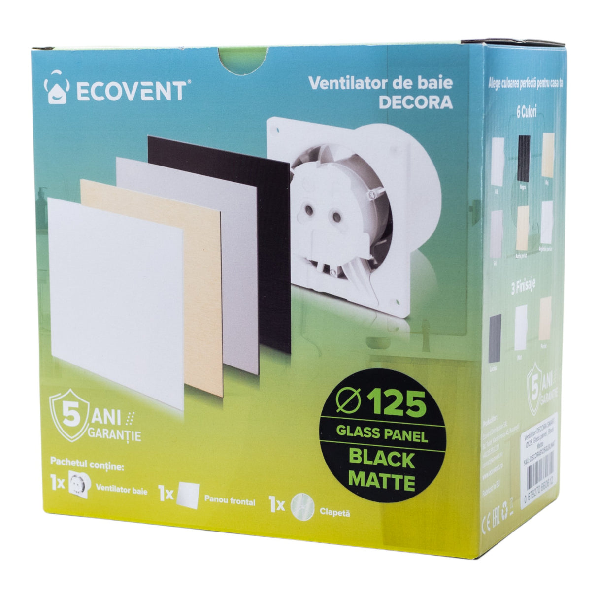 Ventilator de baie Ecovent DECORA SMART, Ø125, Super Silent, Senzor Umiditate, Timer, Panou sticlă, Clapetă antiretur, Debit 140 m3/h, Garanție 5 ani, Negru Mat