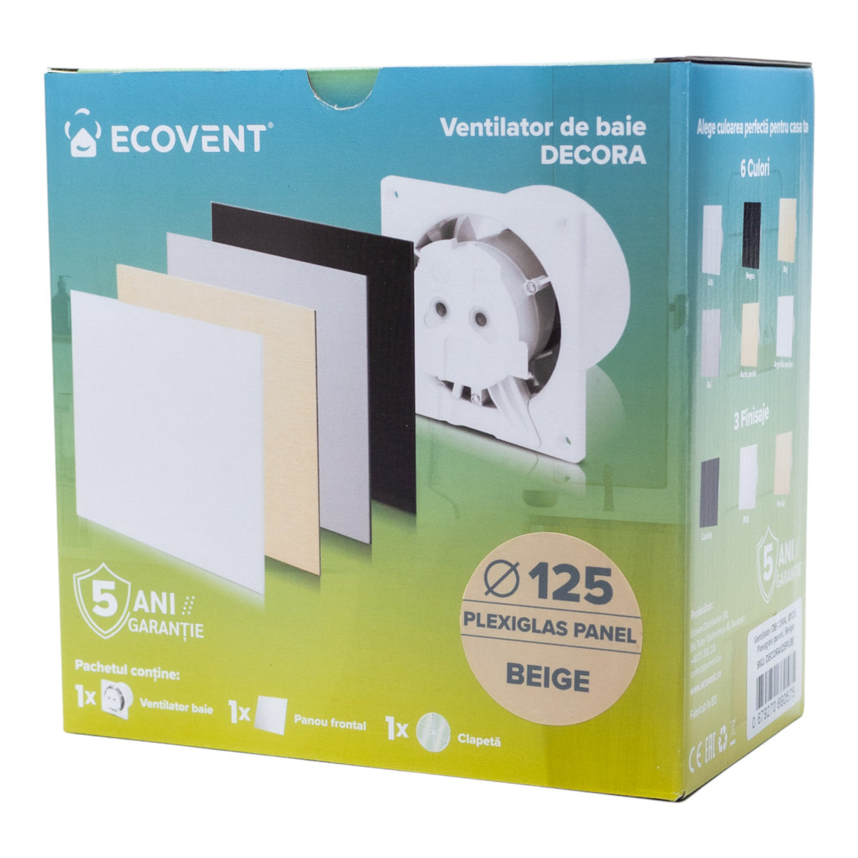 Ventilator de baie Ecovent DECORA, Ø125, Super Silent, Panou Plexiglas schimbabil, Clapetă antiretur, Debit 140 m3/h, Garanție 5 ani, Bej