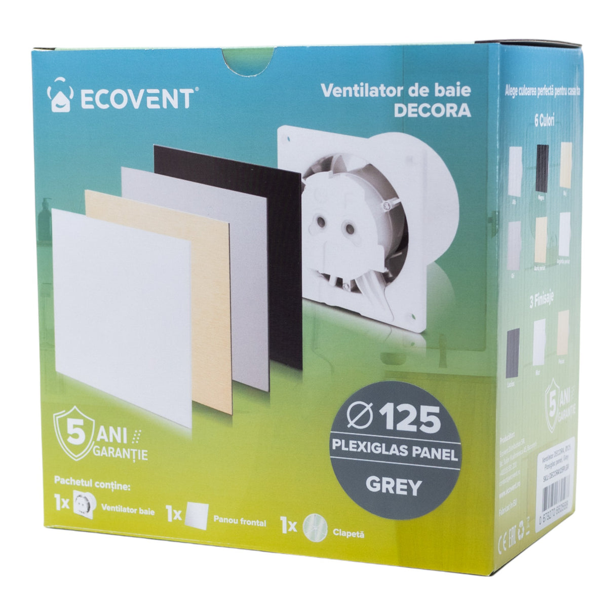 Ventilator de baie Ecovent DECORA, Ø125, Super Silent, Panou Plexiglas schimbabil, Clapetă antiretur, Debit 140 m3/h, Garanție 5 ani, Gri