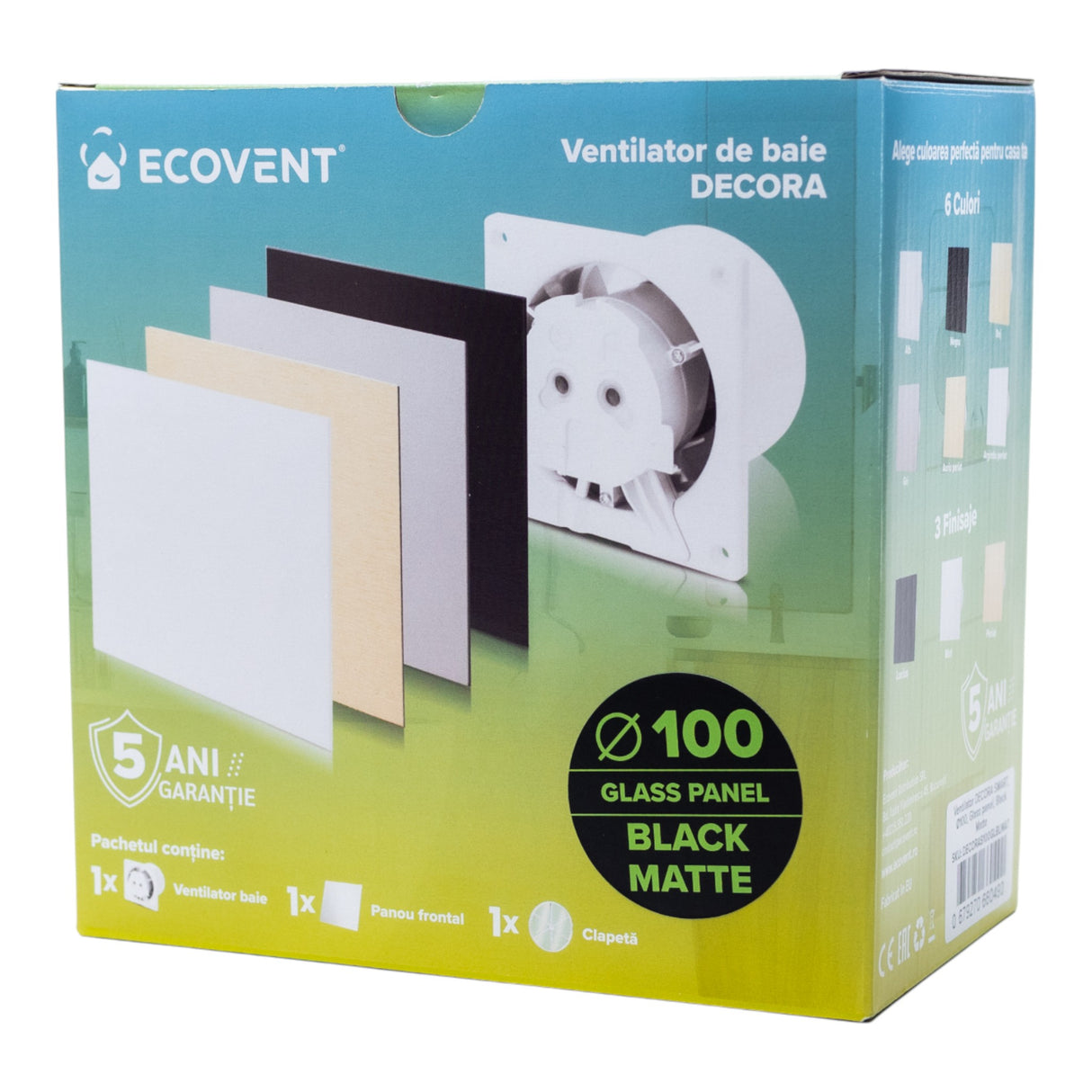Ventilator de baie Ecovent DECORA SMART, Ø100, Super Silent, Senzor Umiditate, Timer, Panou sticlă, Clapetă antiretur, Debit 93 m3/h, Garanție 5 ani, Negru Mat