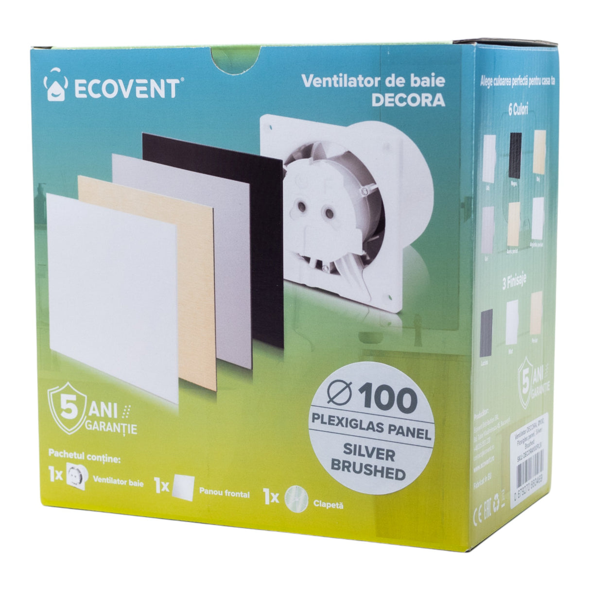 Ventilator de baie Ecovent DECORA, Ø100, Super Silent, Panou Plexiglas schimbabil, Clapeta antiretur, Debit 93 m3/h, Garanție 5 ani, Argintiu Satinat