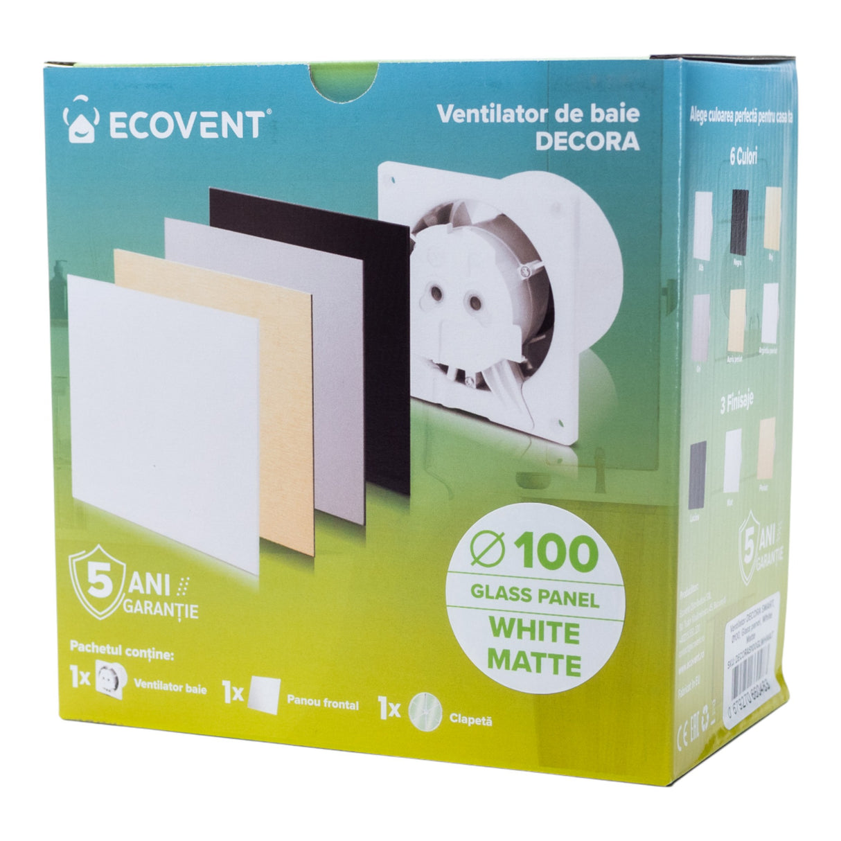 Ventilator de baie Ecovent DECORA SMART, Ø100, Super Silent, Senzor Umiditate, Timer, Panou sticlă, Clapeta antiretur, Debit 93 m3/h, Garanție 5 ani, Alb Mat