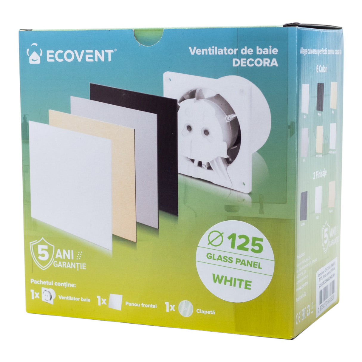 Ventilator de baie Ecovent DECORA SMART, Ø125, Super Silent, Senzor Umiditate, Timer, Panou sticlă, Clapetă antiretur, Debit 140 m3/h, Garanție 5 ani, Alb