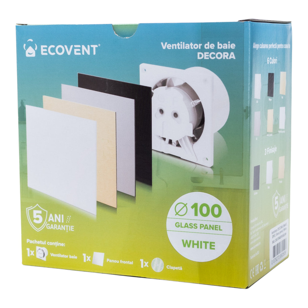 Ventilator de baie Ecovent DECORA SMART, Ø100, Super Silent, Senzor Umiditate, Timer, Panou sticlă, Clapetă antiretur, Debit 93 m3/h, Garanție 5 ani, Alb