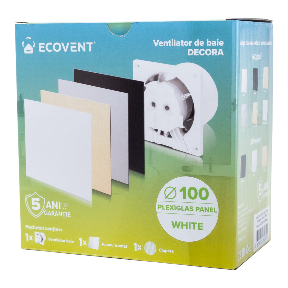 Ventilator de baie Ecovent DECORA, Ø100, Super Silent, Panou Plexiglas schimbabil, Clapeta antiretur, Debit 93 m3/h, Garanție 5 ani, Alb
