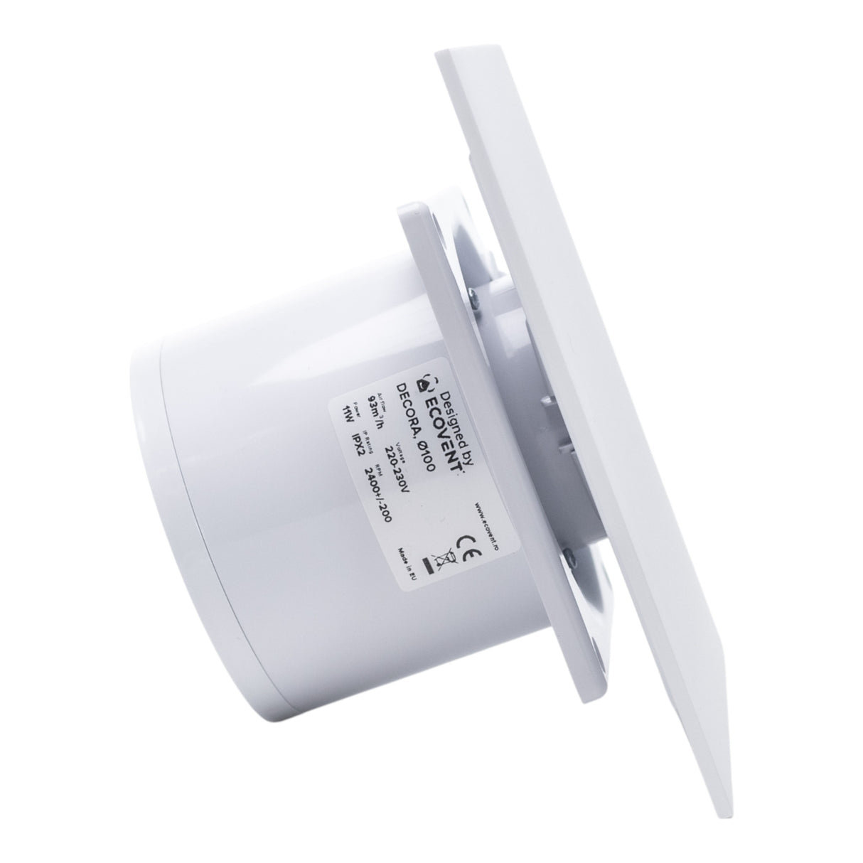 Ventilator de baie Ecovent DECORA, Ø100, Super Silent, Panou Plexiglas schimbabil, Clapeta antiretur, Debit 93 m3/h, Garanție 5 ani, Alb Mat