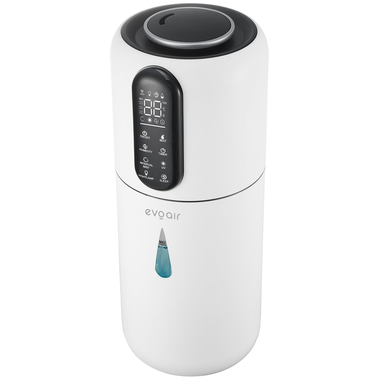 Umidificator Evoair STEAMIX3800 Smart, Wifi, Rezervor 3.8L, Capacitate de umidificare 300ml/h, Senzor umiditate, Mod Auto, Autonomie 13 ore, Lampă UVA, Aromaterapie, Indicator umiditate și temperatură, Telecomandă, Alb