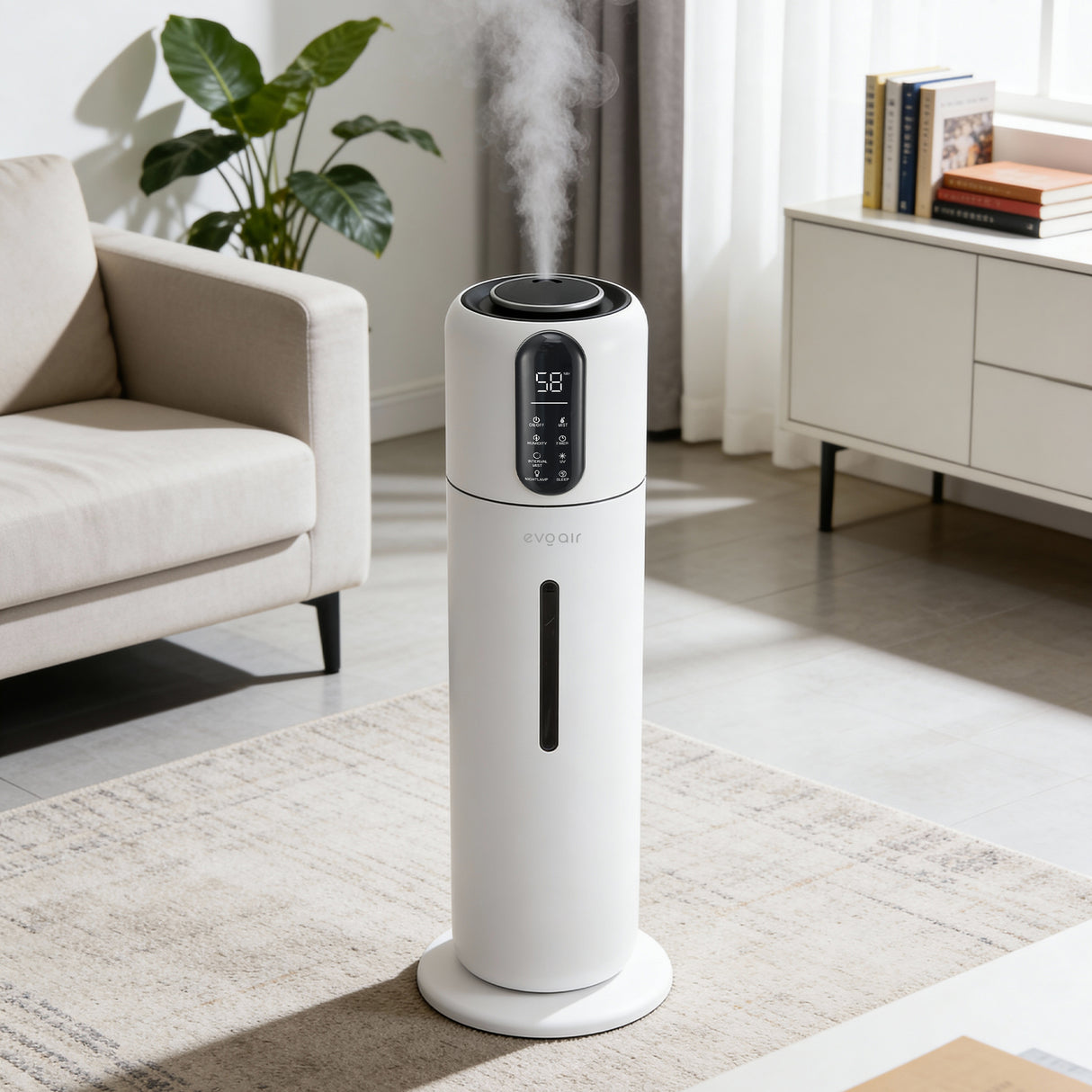 Umidificator Evoair STEAMIX8500 Smart, Wifi, Rezervor 8.5L, Capacitate de umidificare 300ml/h, Senzor umiditate, Mod Auto, Autonomie 28 ore, Lampă UVA, Aromaterapie, Indicator umiditate și temperatură, Telecomandă, Alb