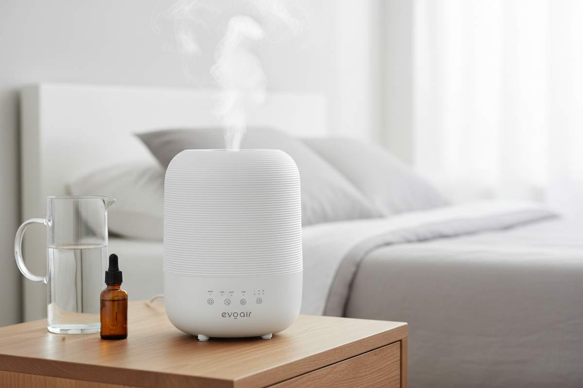 Umidificator Evoair UMIVA 3000 Rezorvor 3L, Capacitate de umidificare 300ml/h, Senzor umiditate, Mod Auto, Autonomie >8 ore, Indicator umiditate și temperatură, Alb
