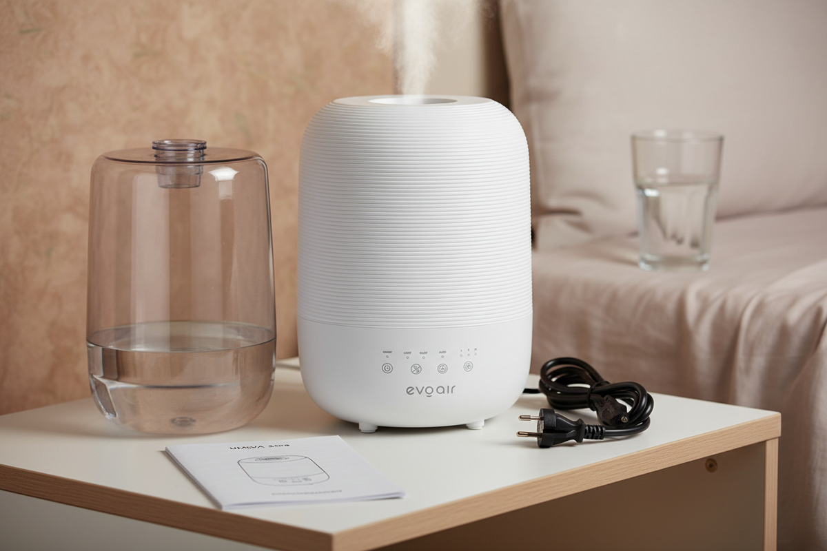 Umidificator Evoair UMIVA 3000 Rezorvor 3L, Capacitate de umidificare 300ml/h, Senzor umiditate, Mod Auto, Autonomie >8 ore, Indicator umiditate și temperatură, Alb
