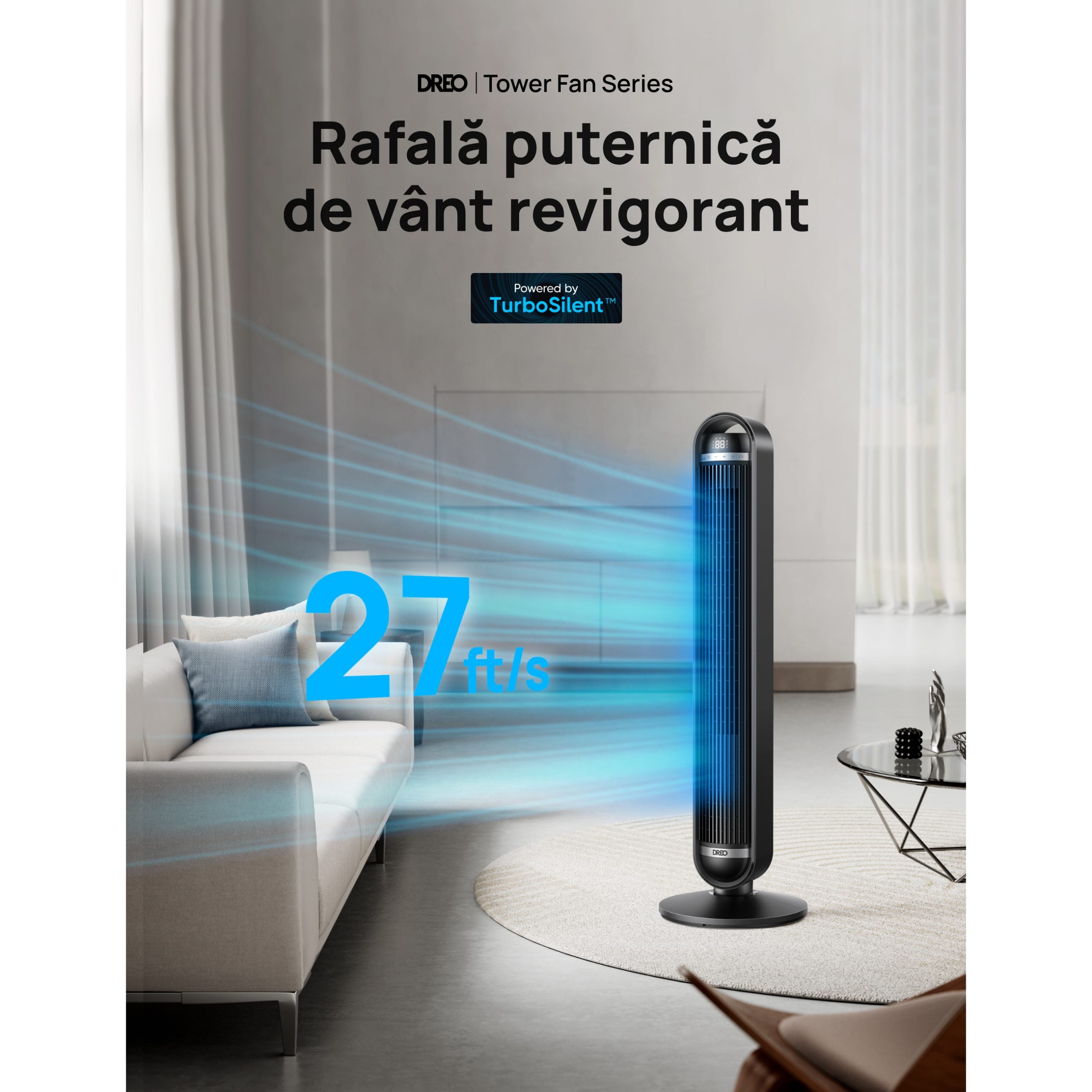 Ventilator Turn Smart DREO Cruiser DR-HTF011S, 9 viteze, 4 functii,106cm, HyperSilent 25dB ,oscilatie 90°, negru