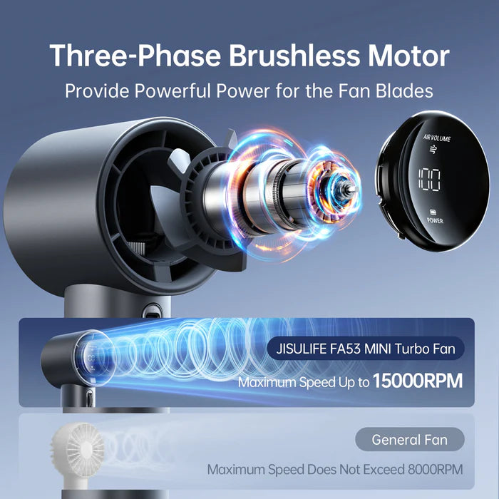 Ventilator portabil de mână JISULIFE Pro1S, autonomie 3-15h, baterie 5000mAh, 100 viteze, încărcare rapidă, Afișaj LED, Bej