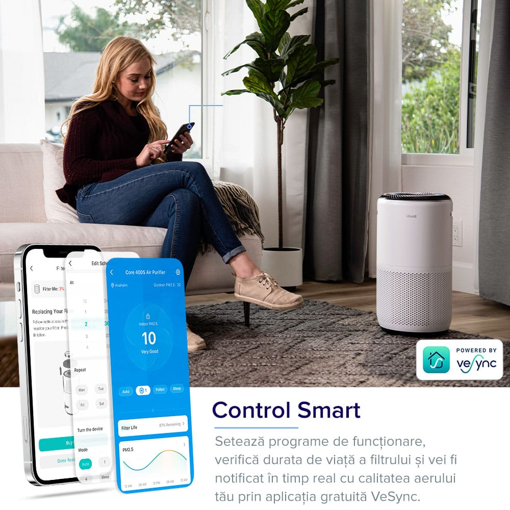 Purificator de aer Smart Levoit Core 400S Wi-Fi, Filtru 3 in 1 True HEPA, Carbon Activ, Senzor Calitate Aer, Mod Auto, Alexa, Google Home, Panou Comanda Touch Screen, Control Remote, Alb