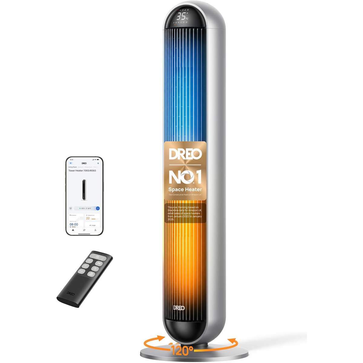 Aeroterma 2in1 Dreo 806S, Heater 2000W, Ventilator Turn, Heater Ceramica, Oscilatie 120°, Timer 12h, Display LED, 5 Trepte Incălzire, 12 Trepte Ventilare, DREO App, FortPlug, TurboSilent, Mod ECO, Termostat, Telecomanda, Negru&Argintiu