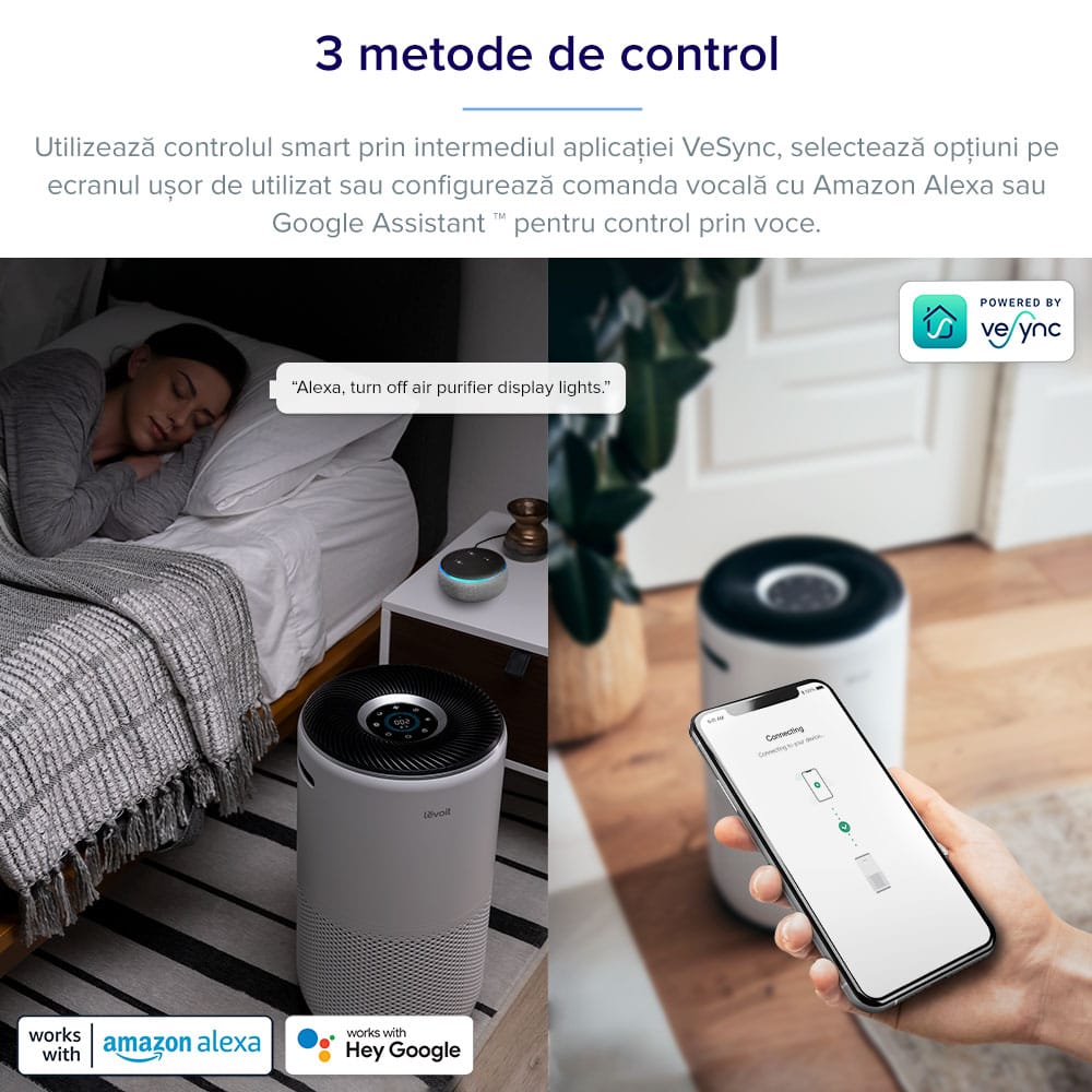 Purificator de aer Smart Levoit Core 400S Wi-Fi, Filtru 3 in 1 True HEPA, Carbon Activ, Senzor Calitate Aer, Mod Auto, Alexa, Google Home, Panou Comanda Touch Screen, Control Remote, Alb