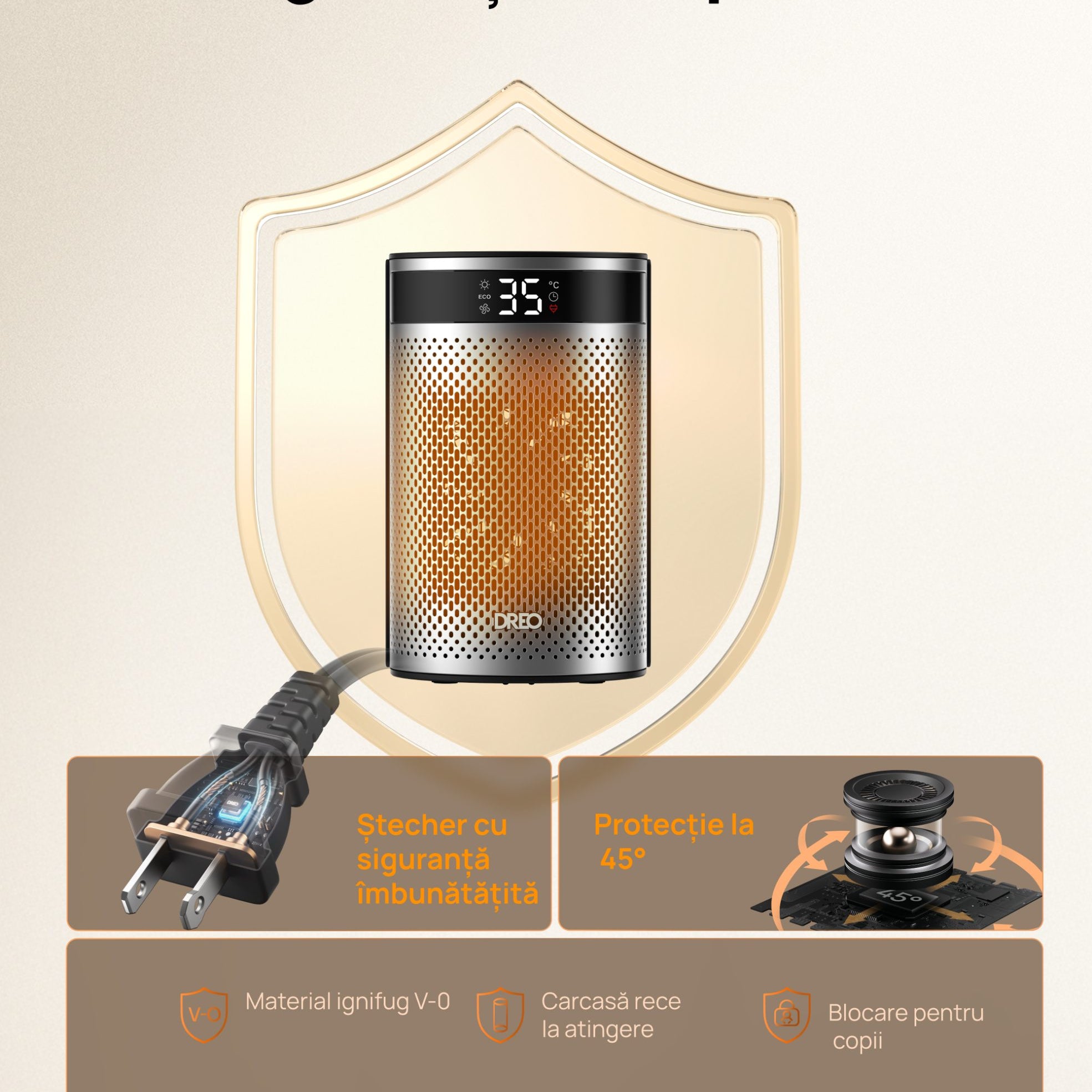 Aeroterma Dreo Atom 416, 1500W, Heater Ceramica, Termostat, Timer 12h, Display LED, Eco Mode, Silentios, Mod Eco, Telecomanda, Negru&Argintiu