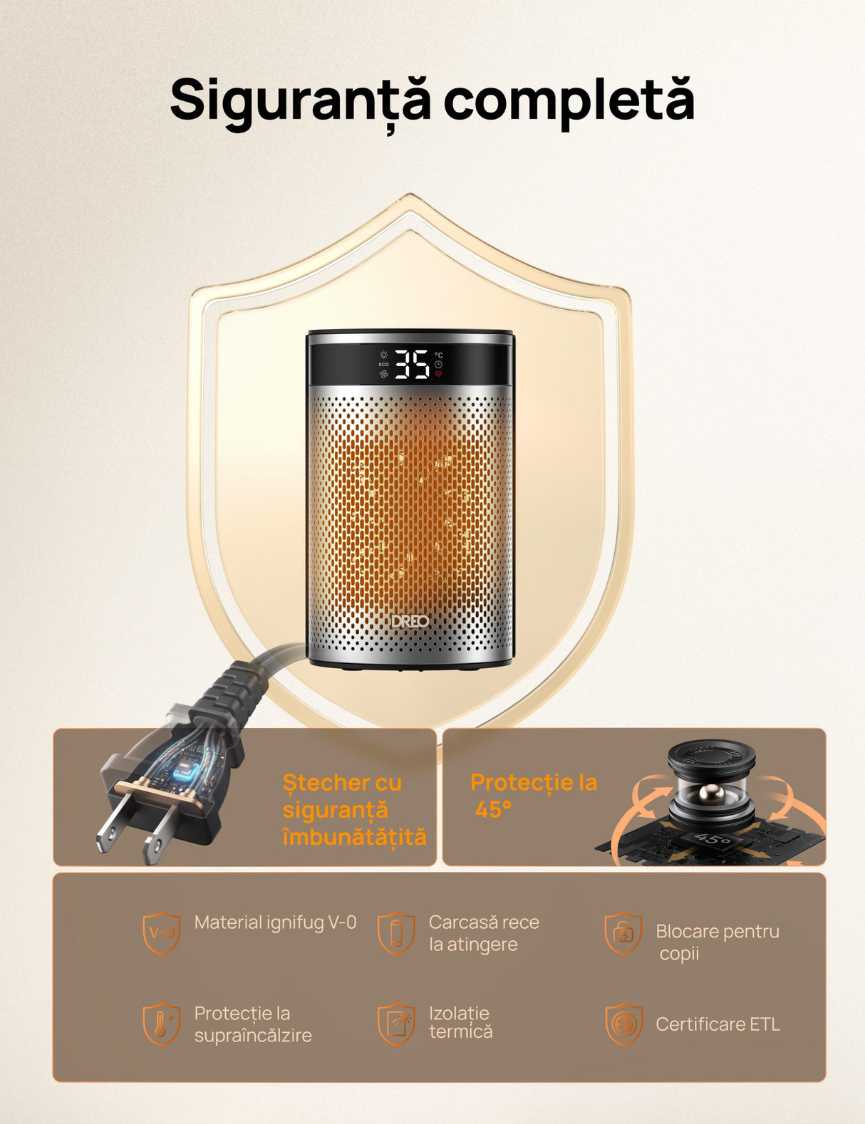 Aeroterma Dreo Atom 416, 1500W, Heater Ceramica, Termostat, Timer 12h, Display LED, Eco Mode, Silentios, Mod Eco, Telecomanda, Negru&Argintiu