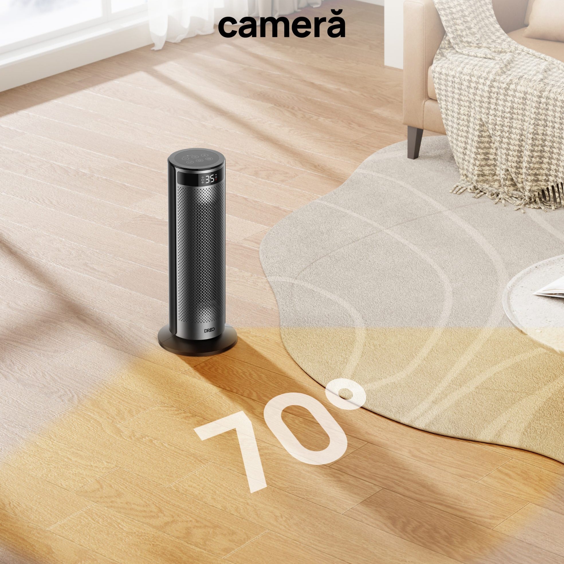 Aeroterma Dreo Solaris SH628, 2000W, Heater Ceramica, Termostat, Eco Mode, Funcție Ventilator, Oscilatie 70°, Timer 12h, Silentios, Display LED, Telecomanda, Negru&Argintiu