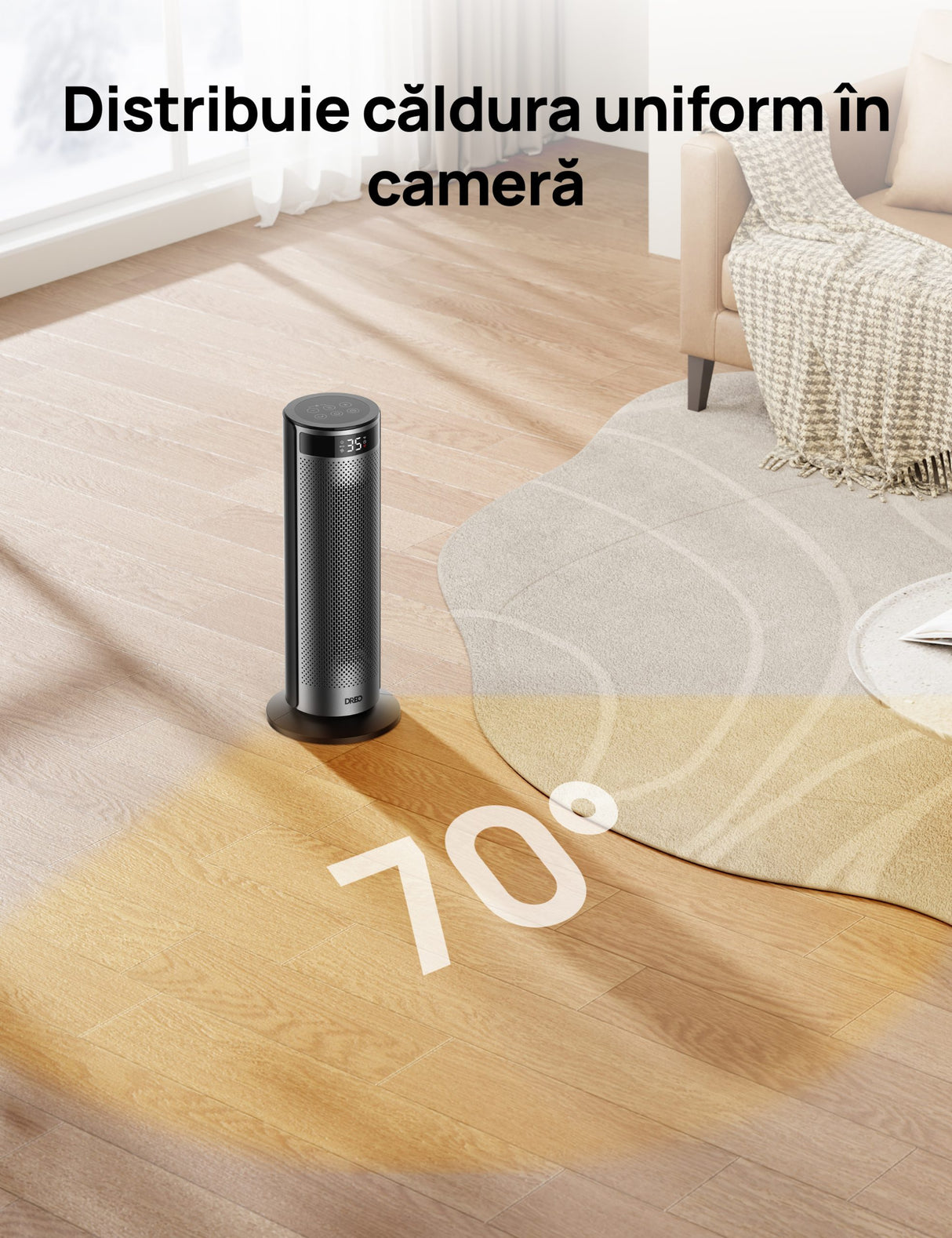 Aeroterma Dreo Solaris SH628, 2000W, Heater Ceramica, Termostat, Eco Mode, Funcție Ventilator, Oscilatie 70°, Timer 12h, Silentios, Display LED, Telecomanda, Negru&Argintiu