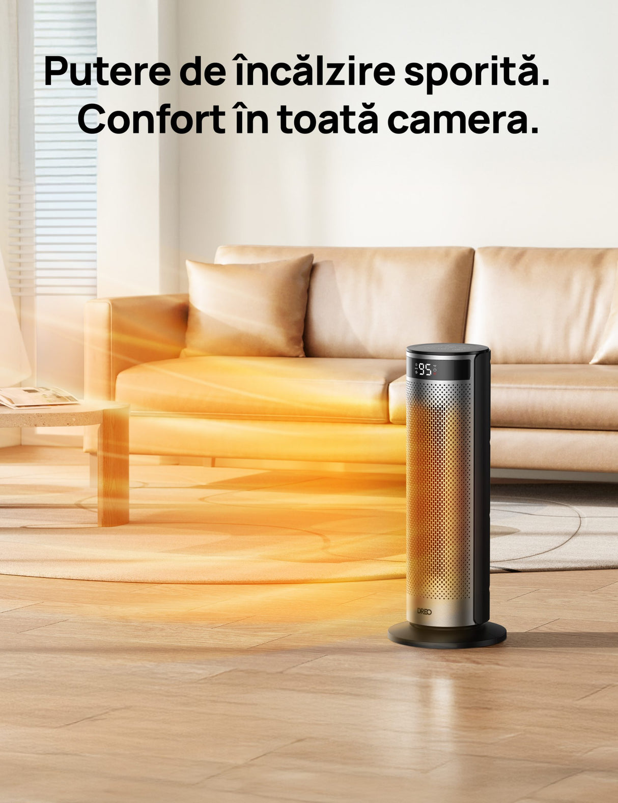 Aeroterma Dreo Solaris SH628, 2000W, Heater Ceramica, Termostat, Eco Mode, Funcție Ventilator, Oscilatie 70°, Timer 12h, Silentios, Display LED, Telecomanda, Negru&Argintiu