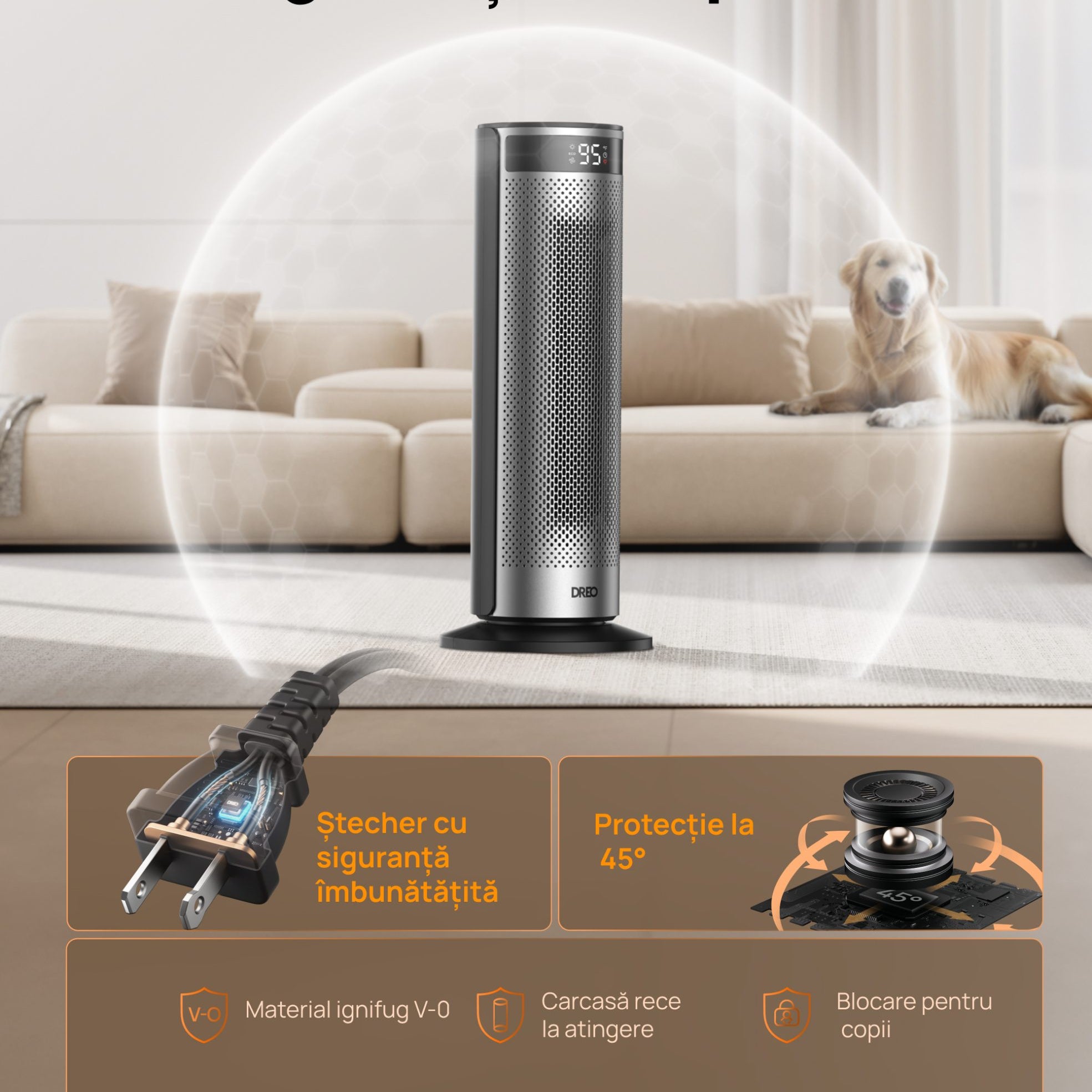 Aeroterma Dreo Solaris SH628, 2000W, Heater Ceramica, Termostat, Eco Mode, Funcție Ventilator, Oscilatie 70°, Timer 12h, Silentios, Display LED, Telecomanda, Negru&Argintiu