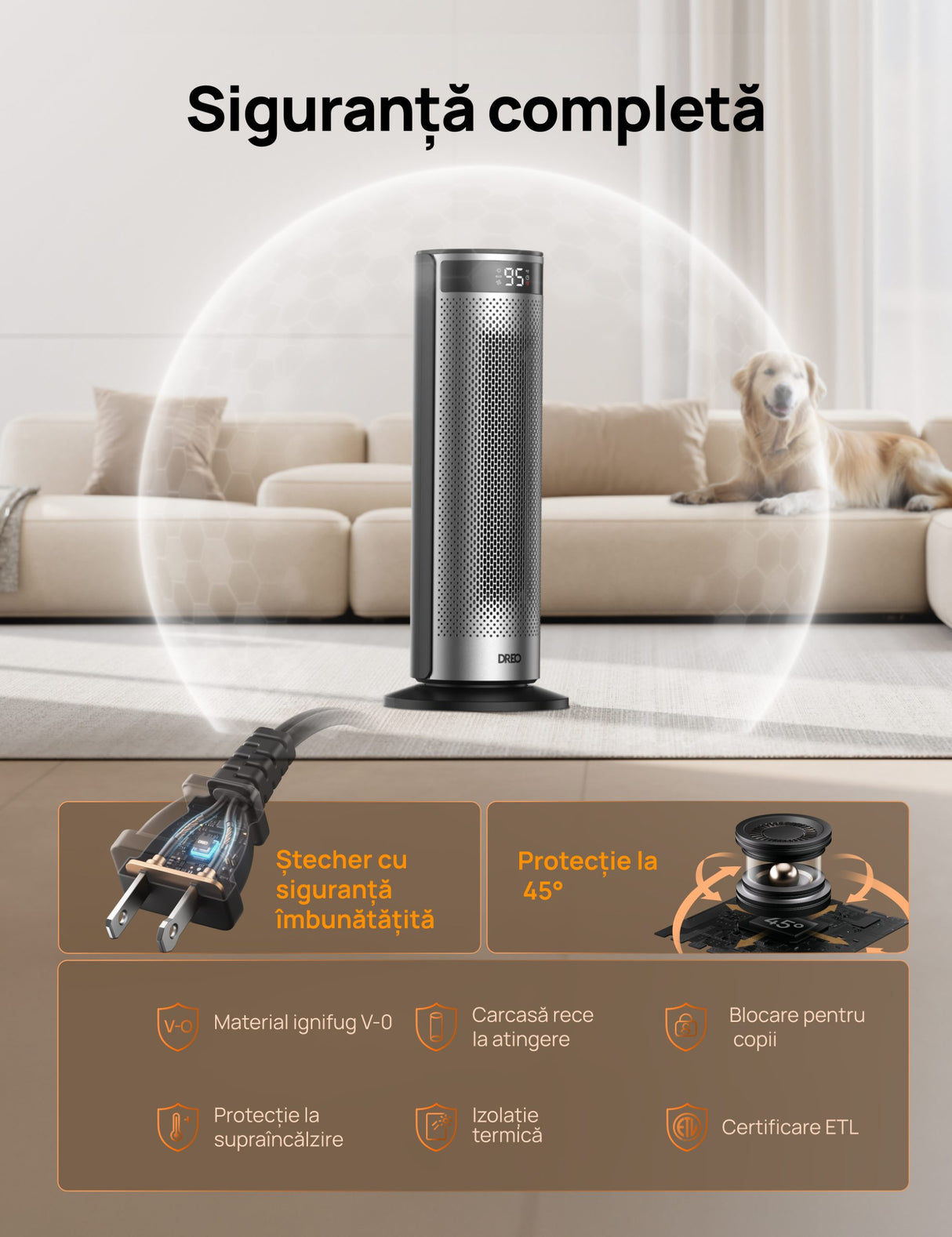 Aeroterma Dreo Solaris SH628, 2000W, Heater Ceramica, Termostat, Eco Mode, Funcție Ventilator, Oscilatie 70°, Timer 12h, Silentios, Display LED, Telecomanda, Negru&Argintiu