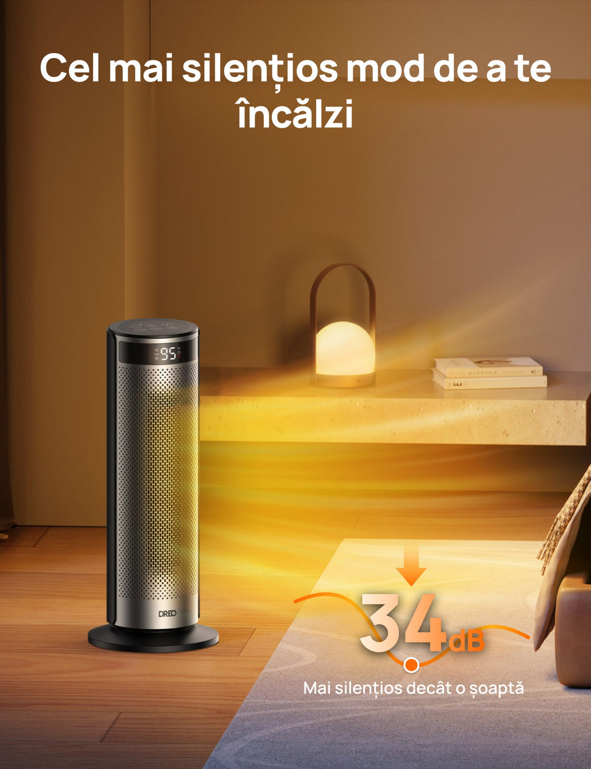 Aeroterma Dreo Solaris SH628, 2000W, Heater Ceramica, Termostat, Eco Mode, Funcție Ventilator, Oscilatie 70°, Timer 12h, Silentios, Display LED, Telecomanda, Negru&Argintiu