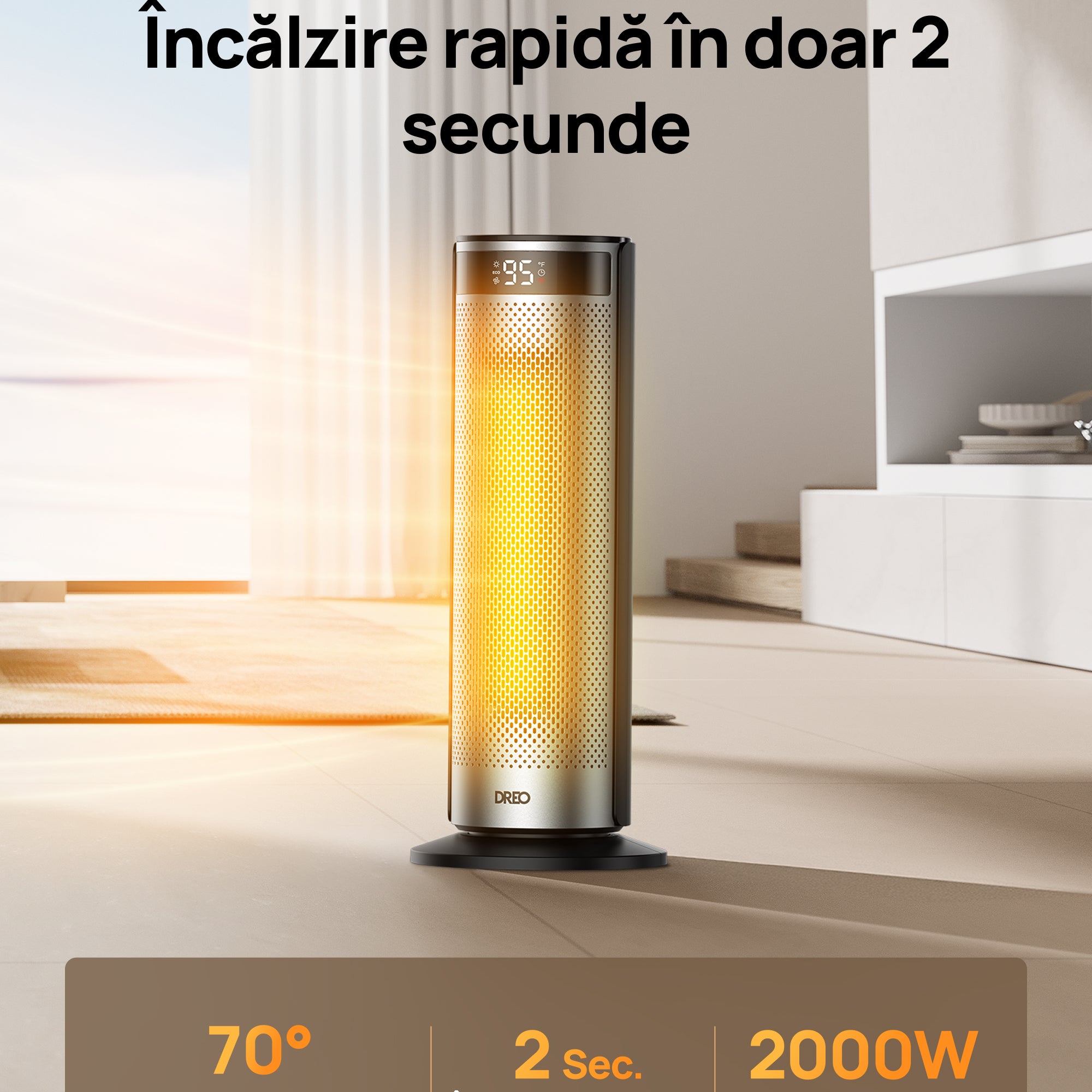 Aeroterma Dreo Solaris SH628, 2000W, Heater Ceramica, Termostat, Eco Mode, Funcție Ventilator, Oscilatie 70°, Timer 12h, Silentios, Display LED, Telecomanda, Negru&Argintiu