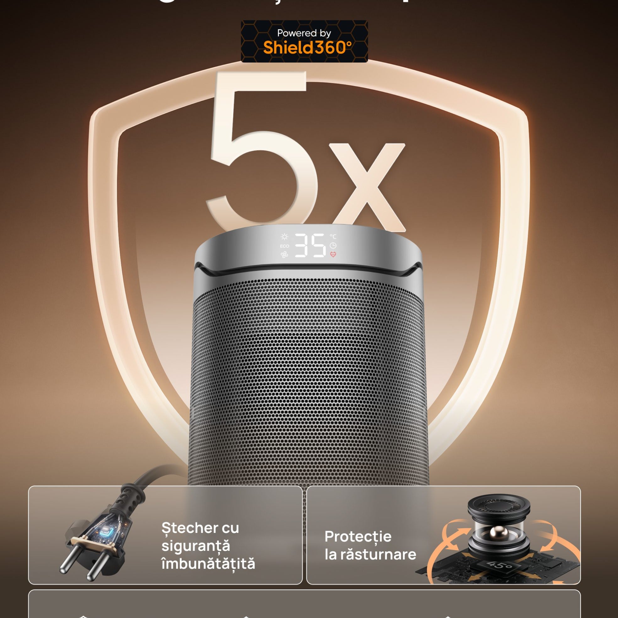 Aeroterma Dreo Atom 318, 1500W, Heater Ceramica, Termostat, Eco Mode, Funcție Ventilator, Oscilatie 70°, Timer 12h, Silentios, Display LED, Telecomanda, Negru&Argintiu