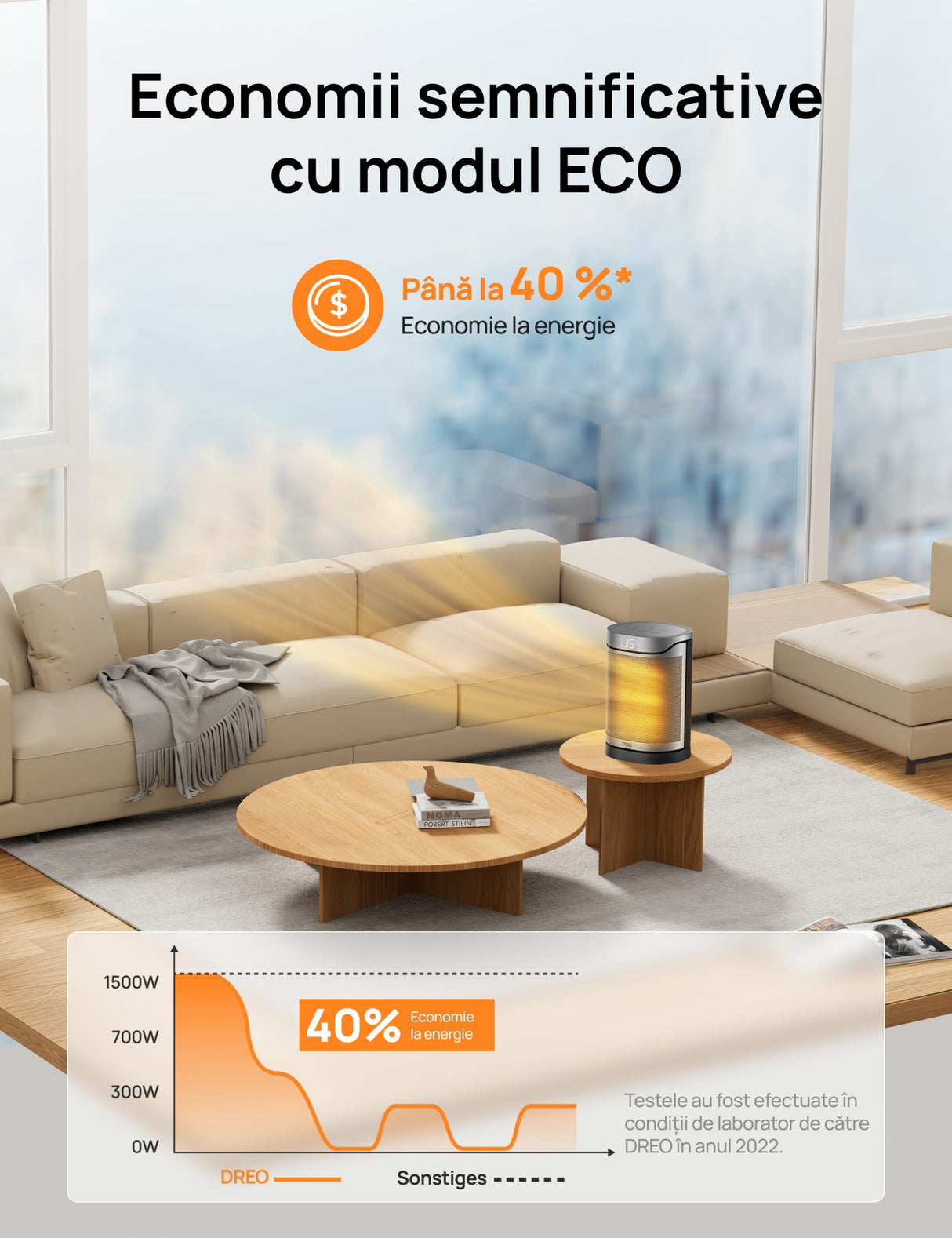 Aeroterma Dreo Atom 318, 1500W, Heater Ceramica, Termostat, Eco Mode, Funcție Ventilator, Oscilatie 70°, Timer 12h, Silentios, Display LED, Telecomanda, Negru&Argintiu