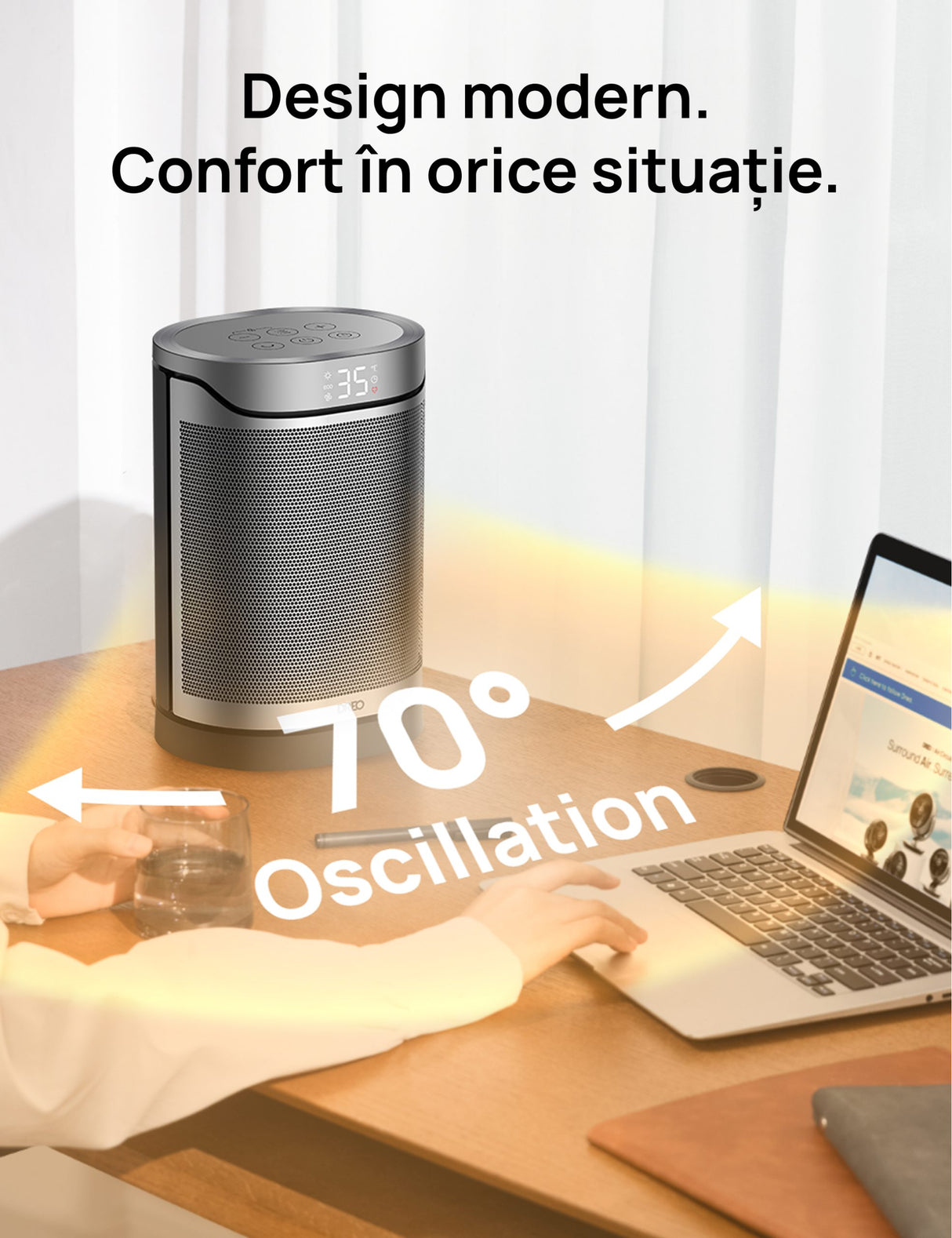 Aeroterma Dreo Atom 318, 1500W, Heater Ceramica, Termostat, Eco Mode, Funcție Ventilator, Oscilatie 70°, Timer 12h, Silentios, Display LED, Telecomanda, Negru&Argintiu