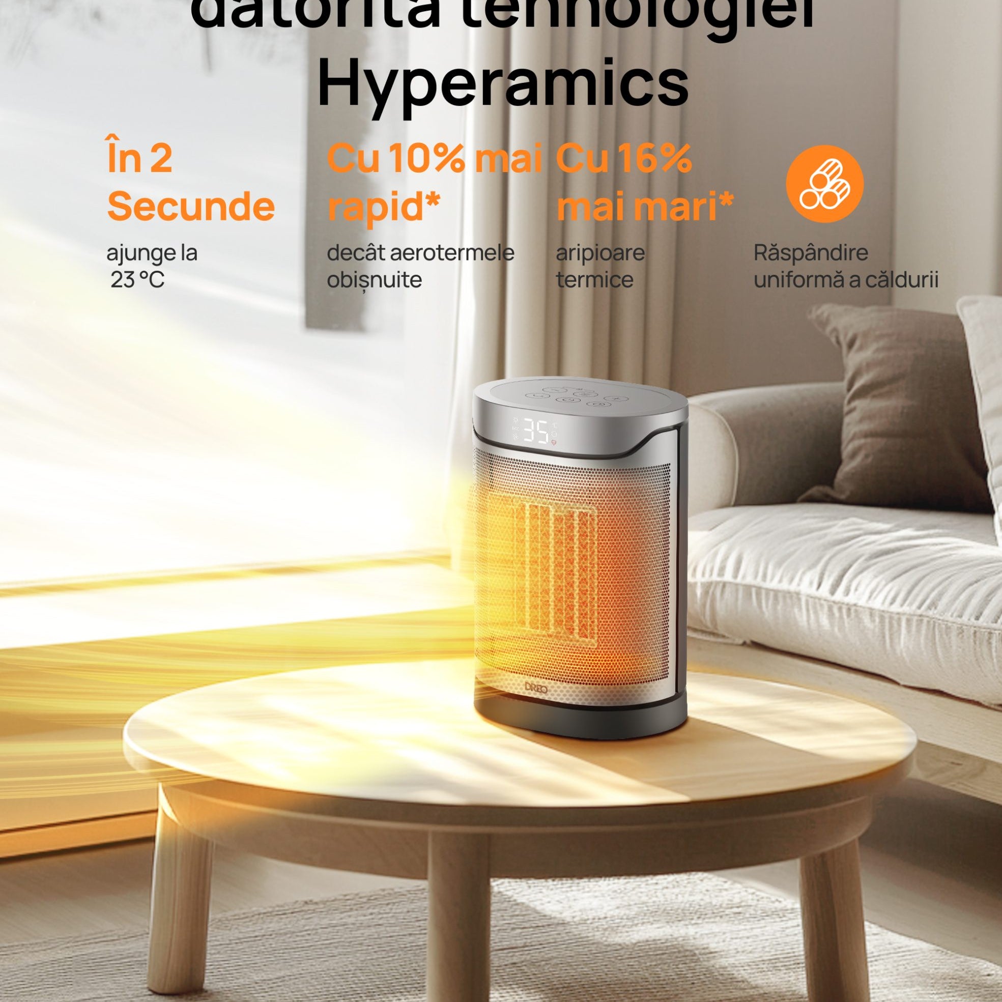 Aeroterma Dreo Atom 318, 1500W, Heater Ceramica, Termostat, Eco Mode, Funcție Ventilator, Oscilatie 70°, Timer 12h, Silentios, Display LED, Telecomanda, Negru&Argintiu