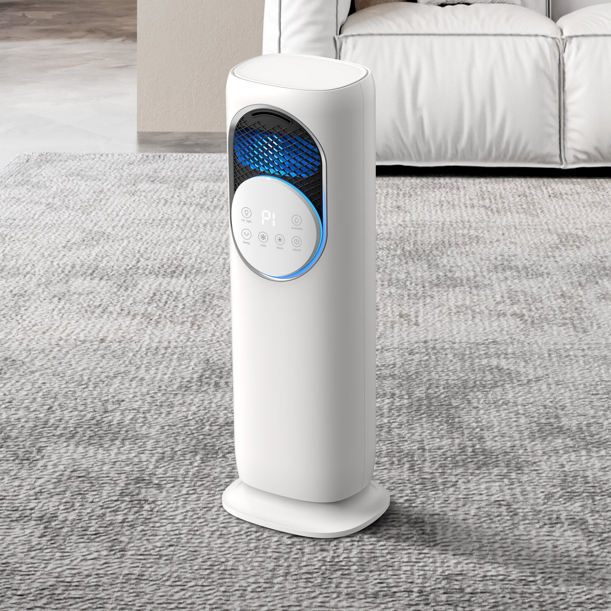 Resigilat! Ventilator turn 4 in 1 Evoair BRIIS SILVER BLACK, Functie Incalzire/Racire/Umidificare/Sterilizare UV, Telecomanda, 5 viteze, Pastile Racire 2+2 Cadou, Rezervor 3.15l, Display Negru, Contur Argintiu