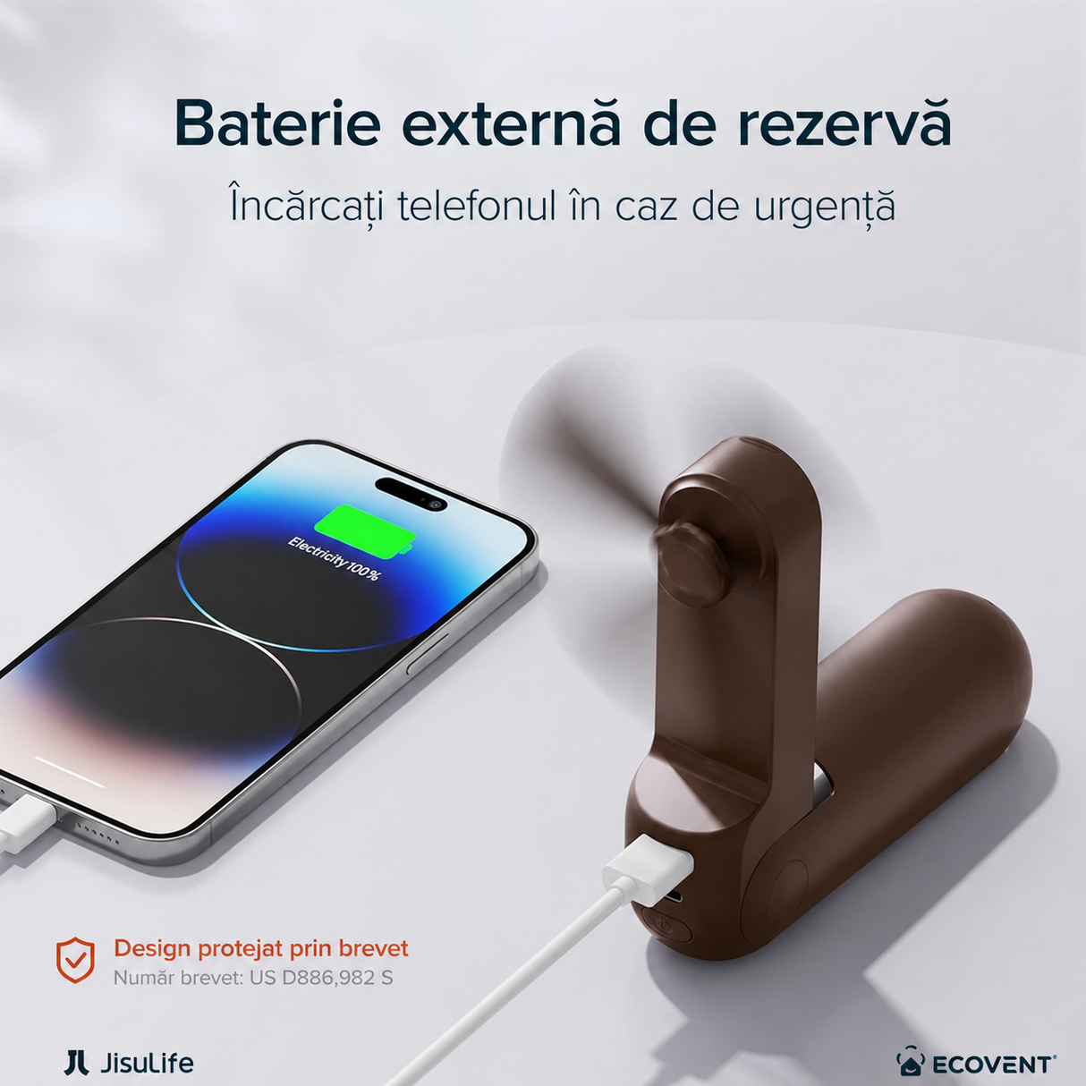 Ventilator portabil de mână JISULIFE, Life8, autonomie 12-21h, baterie 2000mAh, funcție Power Bank, lanternă LED, design pliabil, 2 viteze, încărcare rapidă, Maro