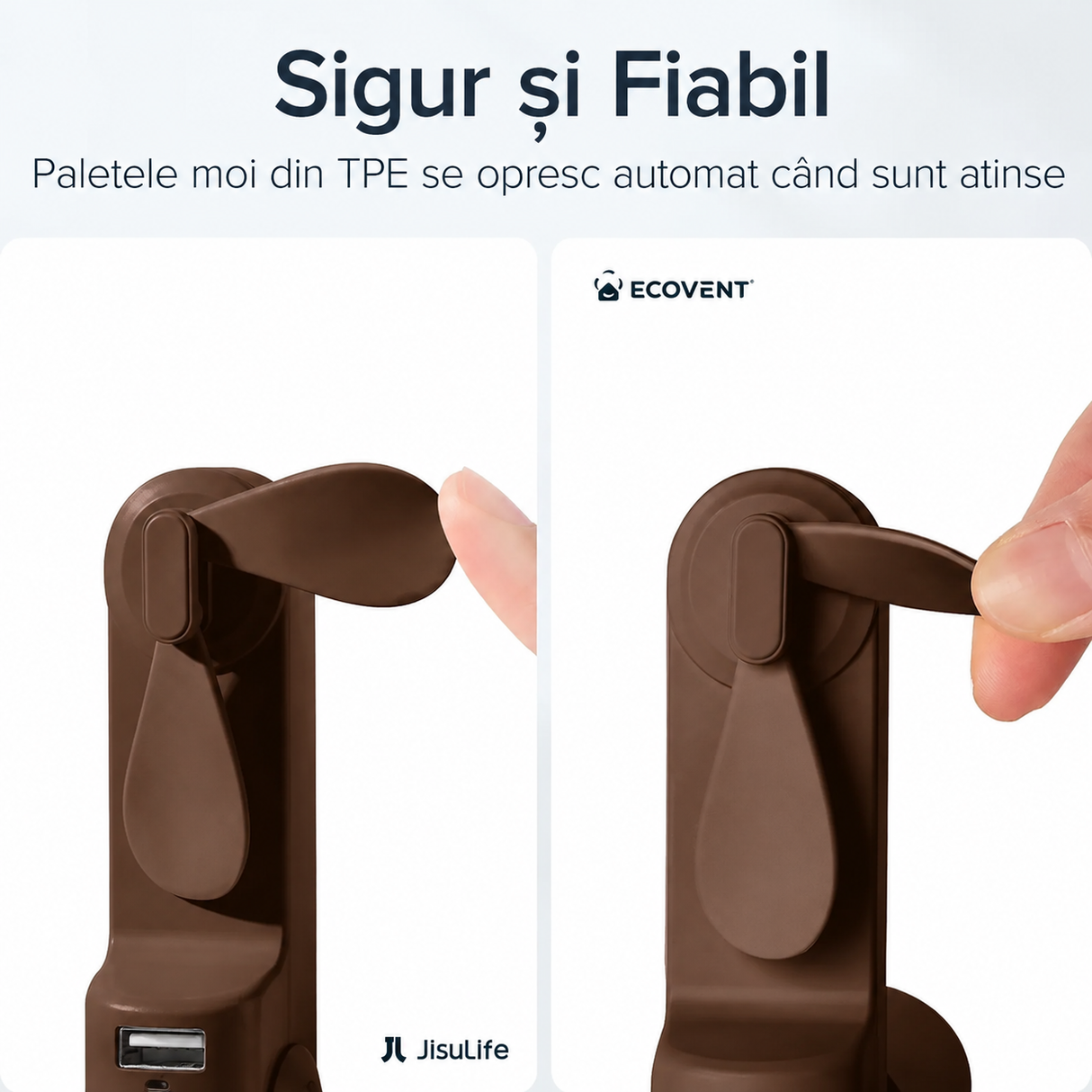 Ventilator portabil de mână JISULIFE, Life8, autonomie 12-21h, baterie 2000mAh, funcție Power Bank, lanternă LED, design pliabil, 2 viteze, încărcare rapidă, Maro