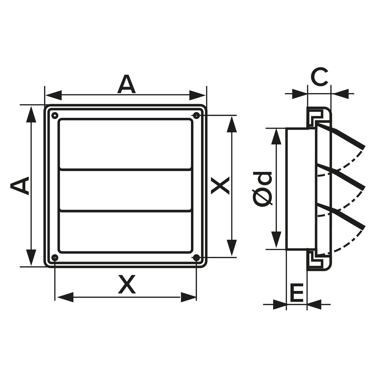 Grila ventilatie patrata cu lamele gravitationale, Diametru Ø160mm, exterior 210x210, ASA plastic