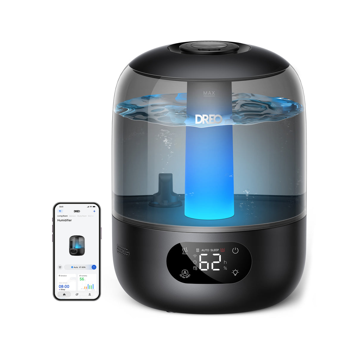 Resigilat! Umidificator aer Dreo 119S Smart, Rezervor 3L, 250 ml/h, Acoperire 56m², Autonomie pana la 30h, Senzor umiditate, Lumină Ambientală în 5 culori RGB, Aromaterapie, Temporizator 12h, Negru